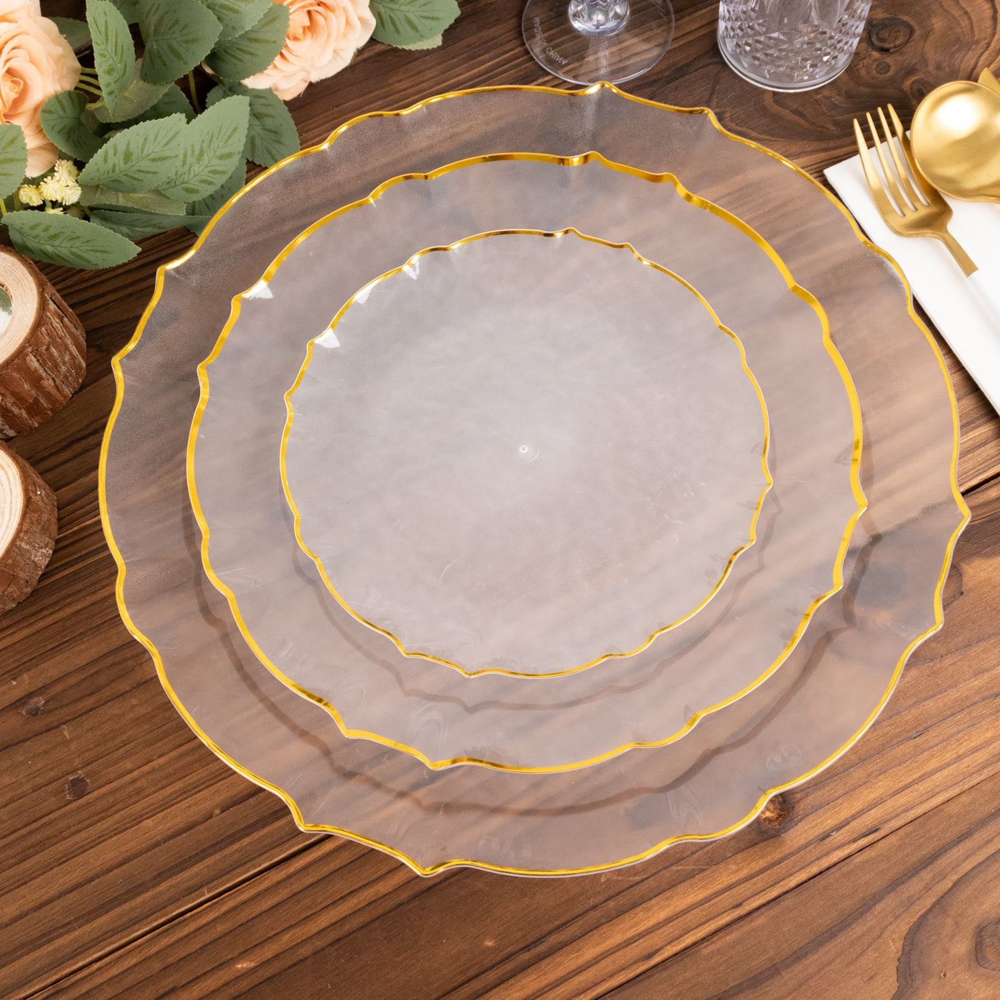 6 Pack Clear Sunflower Economy Plastic Charger Plates with Gold Scalloped Rim, 13" Round Decorative Dinner Serving Trays