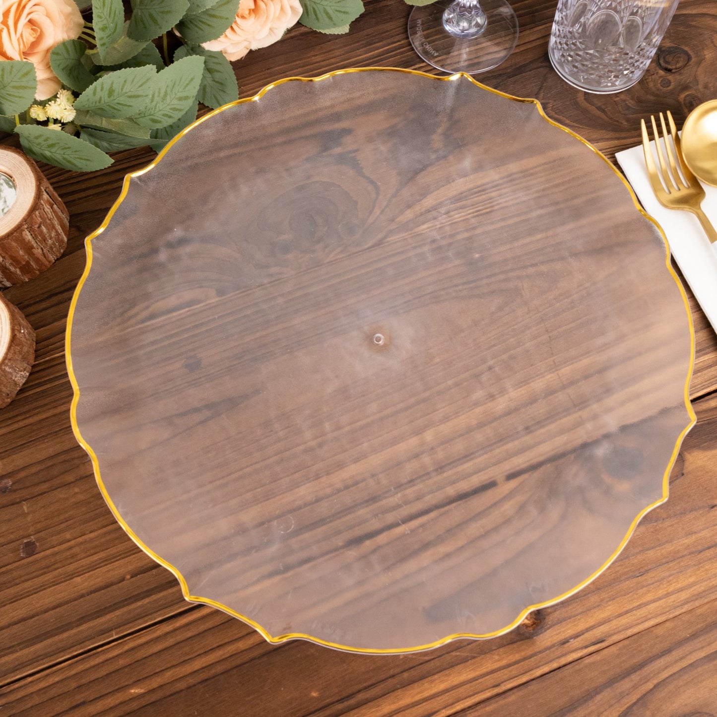 6 Pack Clear Sunflower Economy Plastic Charger Plates with Gold Scalloped Rim, 13" Round Decorative Dinner Serving Trays