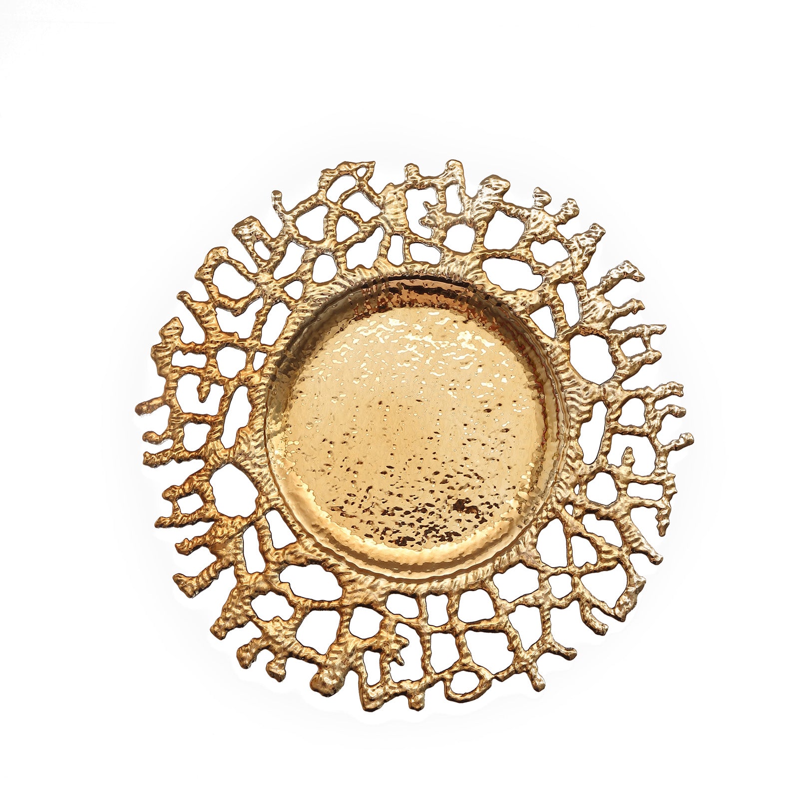 Gold acrylic charger plate with a decorative hollow lace design.
