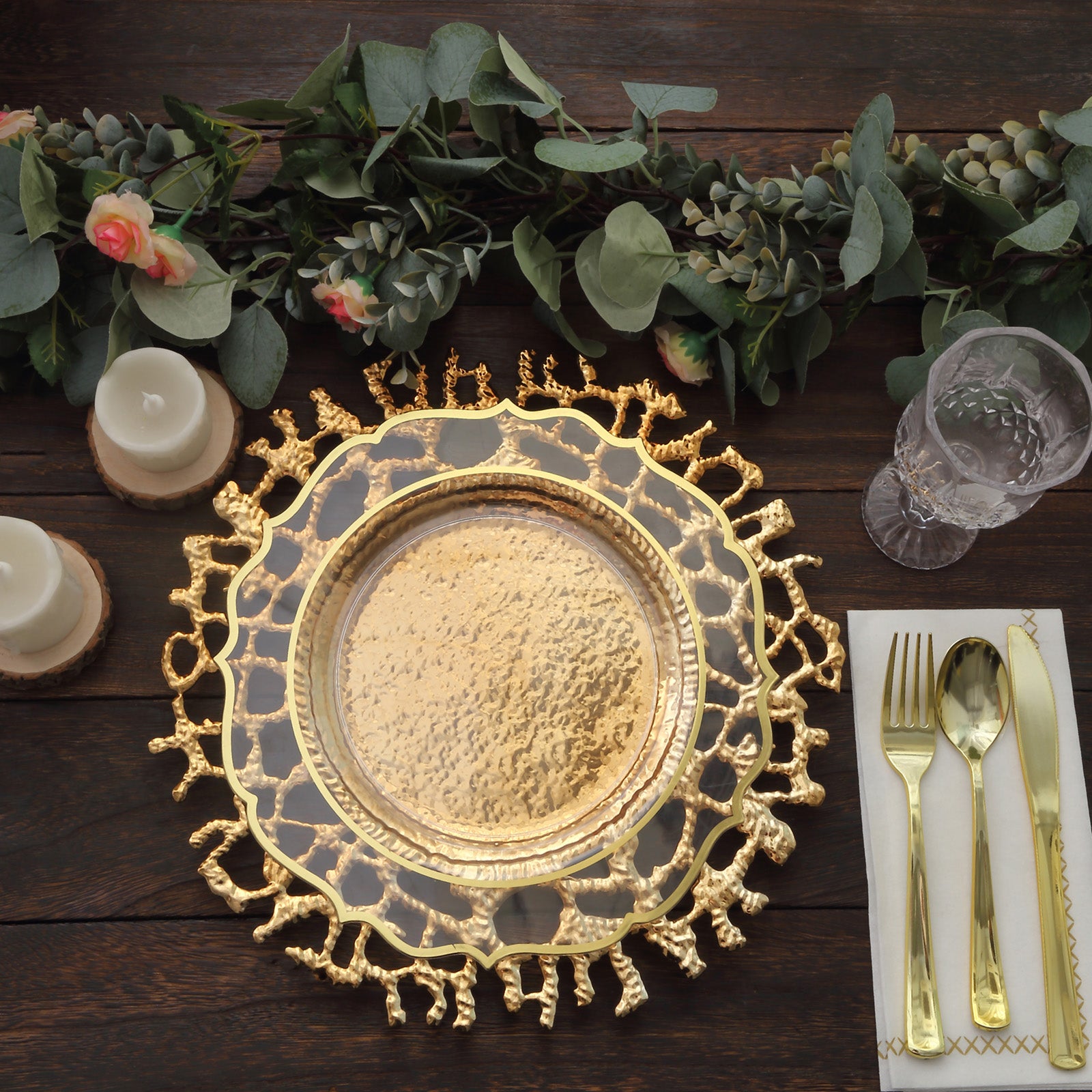 Gold decorative charger plate with intricate lace design.