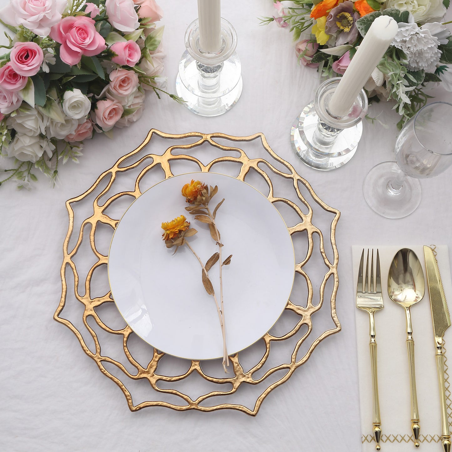 6 Pack | 13" Gold Hollow Flower Acrylic Charger Plates, Floral Cutout Decorative Plastic Serving Plates