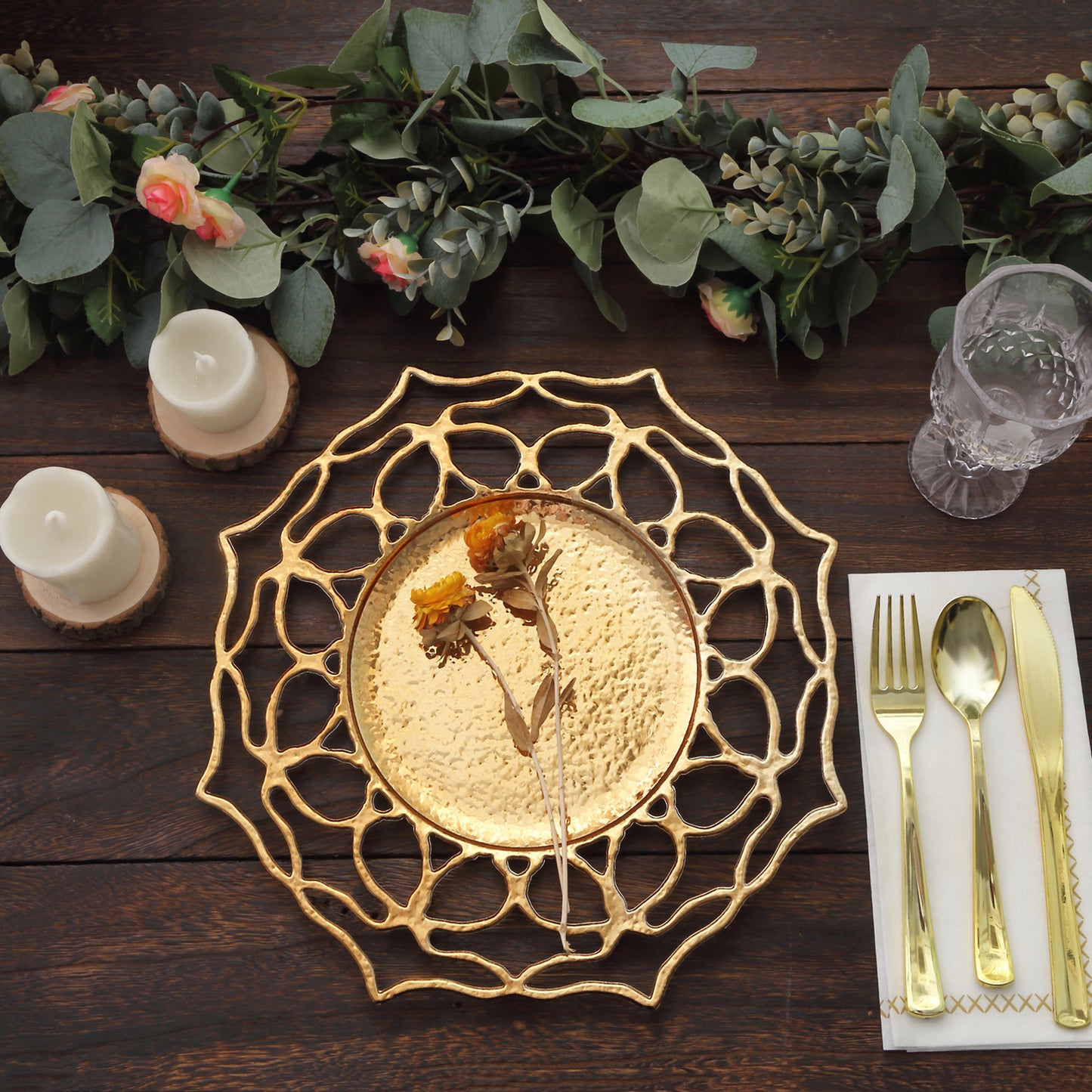 6 Pack | 13" Gold Hollow Flower Acrylic Charger Plates, Floral Cutout Decorative Plastic Serving Plates