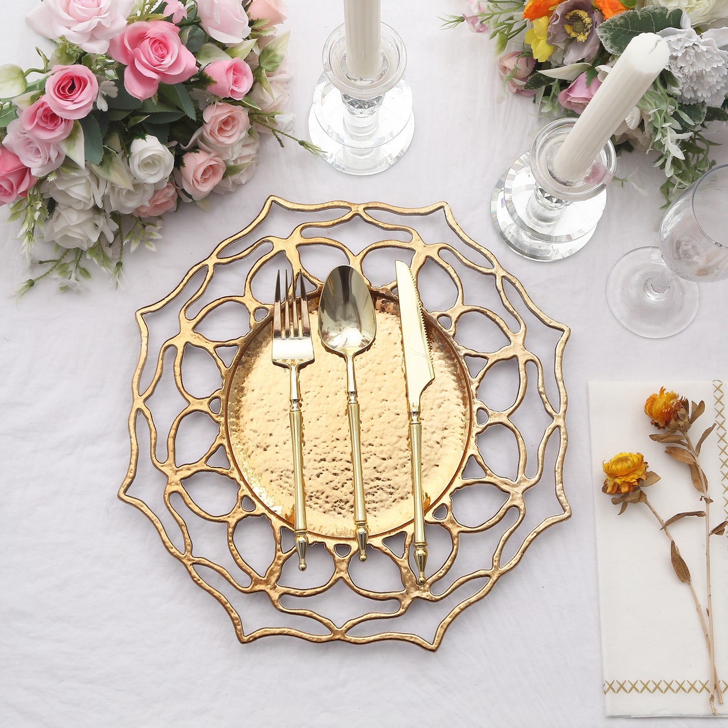 6 Pack | 13" Gold Hollow Flower Acrylic Charger Plates, Floral Cutout Decorative Plastic Serving Plates