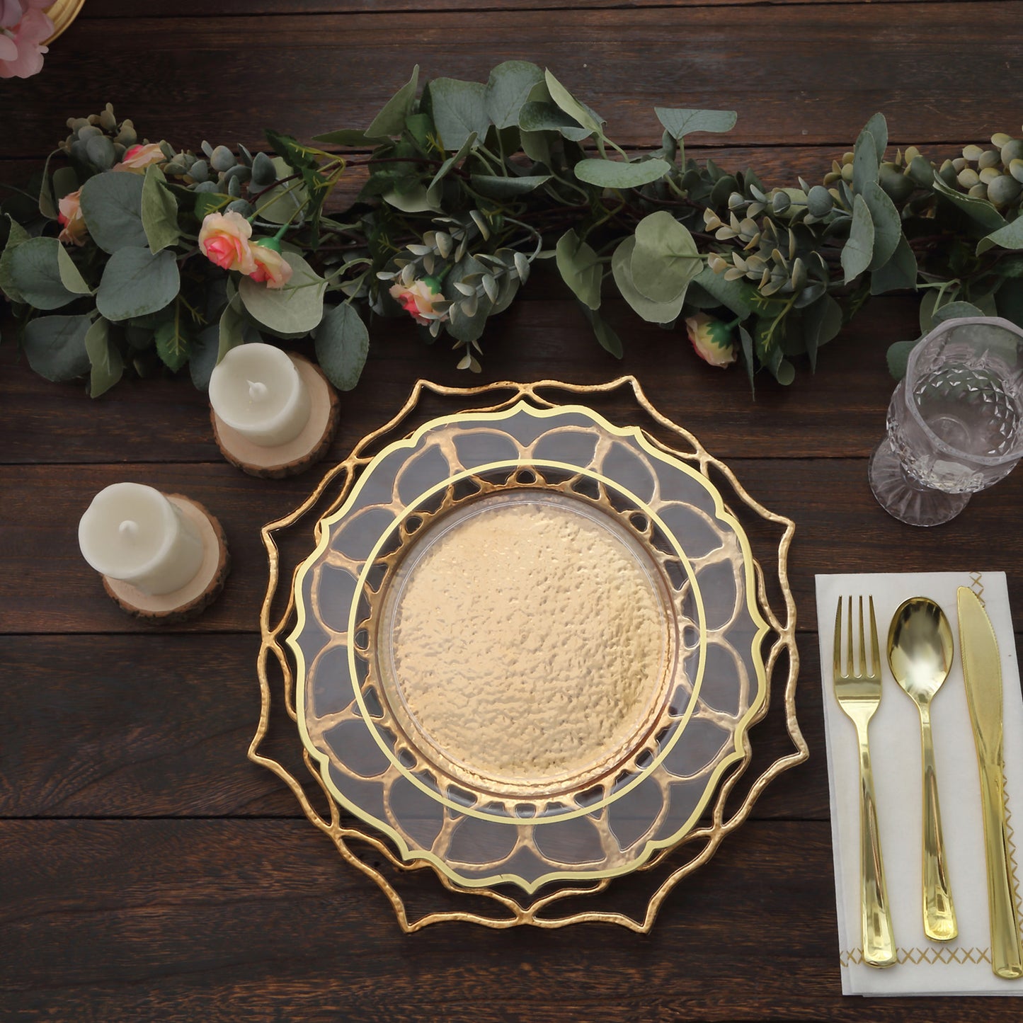 6 Pack | 13" Gold Hollow Flower Acrylic Charger Plates, Floral Cutout Decorative Plastic Serving Plates