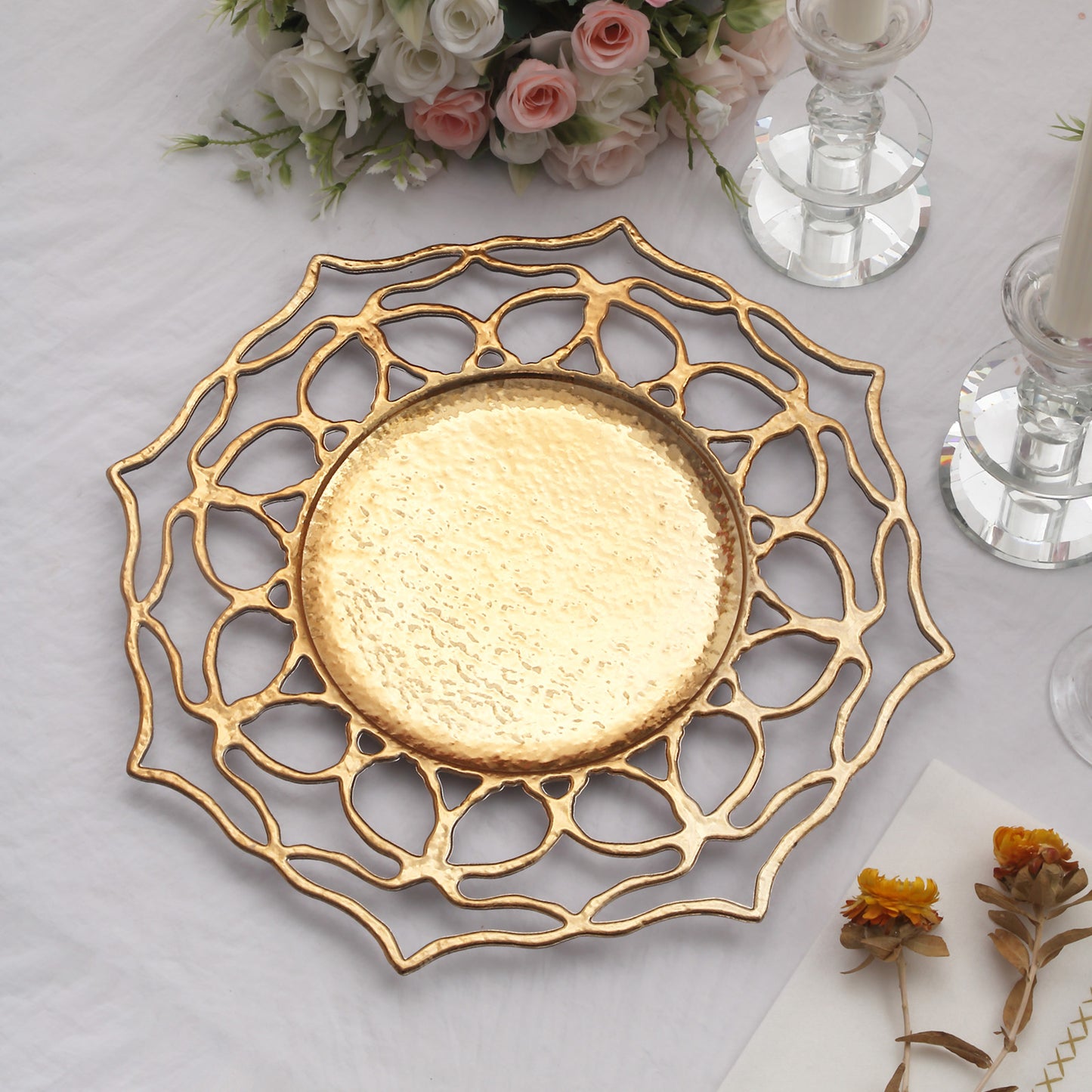 6 Pack | 13" Gold Hollow Flower Acrylic Charger Plates, Floral Cutout Decorative Plastic Serving Plates