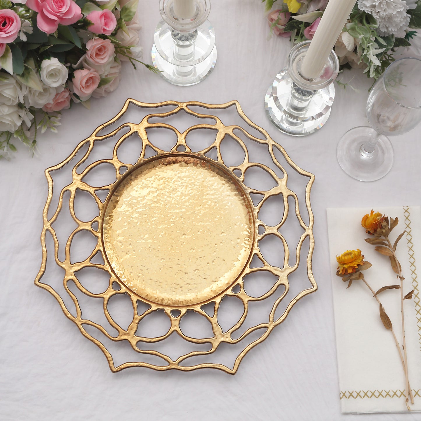 6 Pack | 13" Gold Hollow Flower Acrylic Charger Plates, Floral Cutout Decorative Plastic Serving Plates