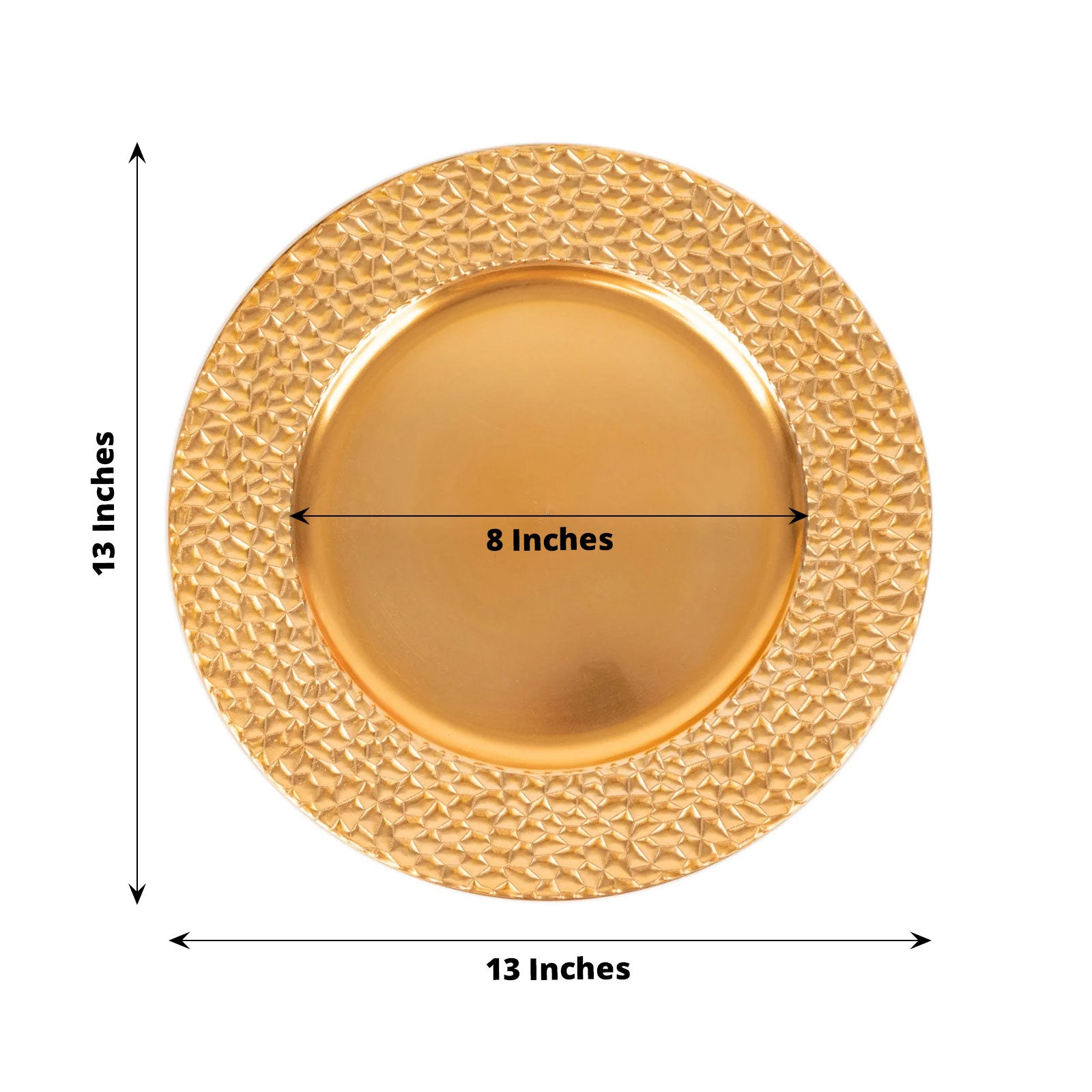 Metallic gold acrylic dinner serving plate with hammered rim, 13 inches round.