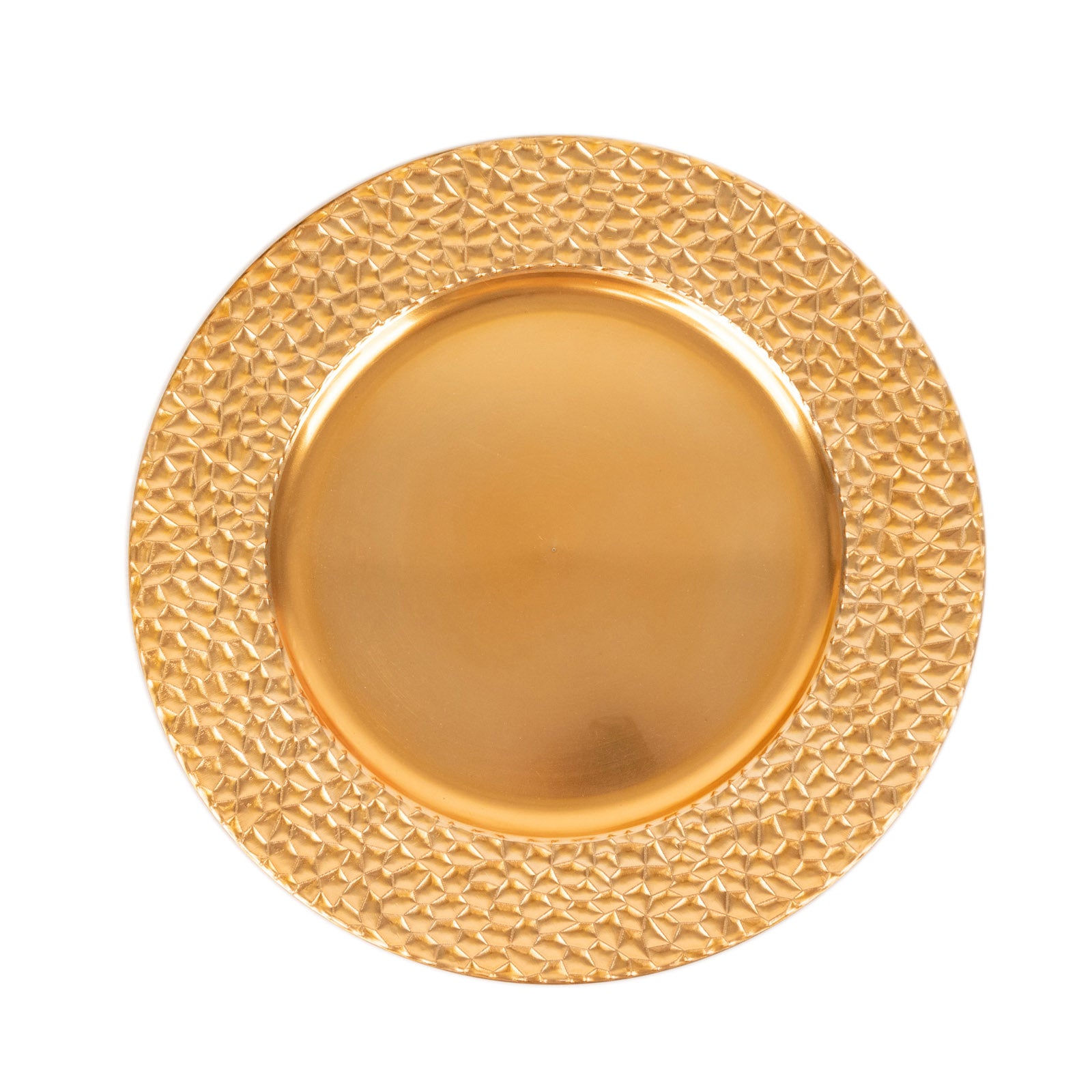 Metallic gold acrylic dinner serving plate with hammered rim.