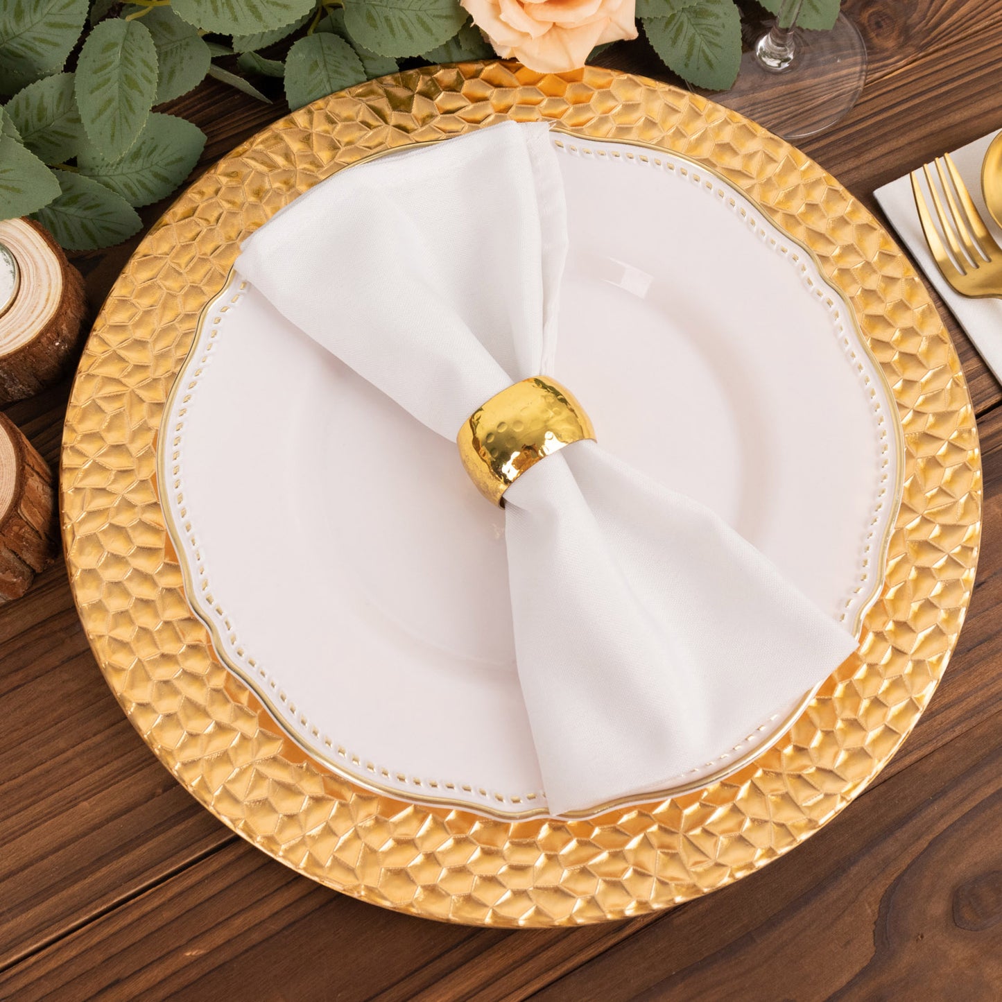 Metallic gold acrylic dinner serving plates with hammered rim, 13" round.