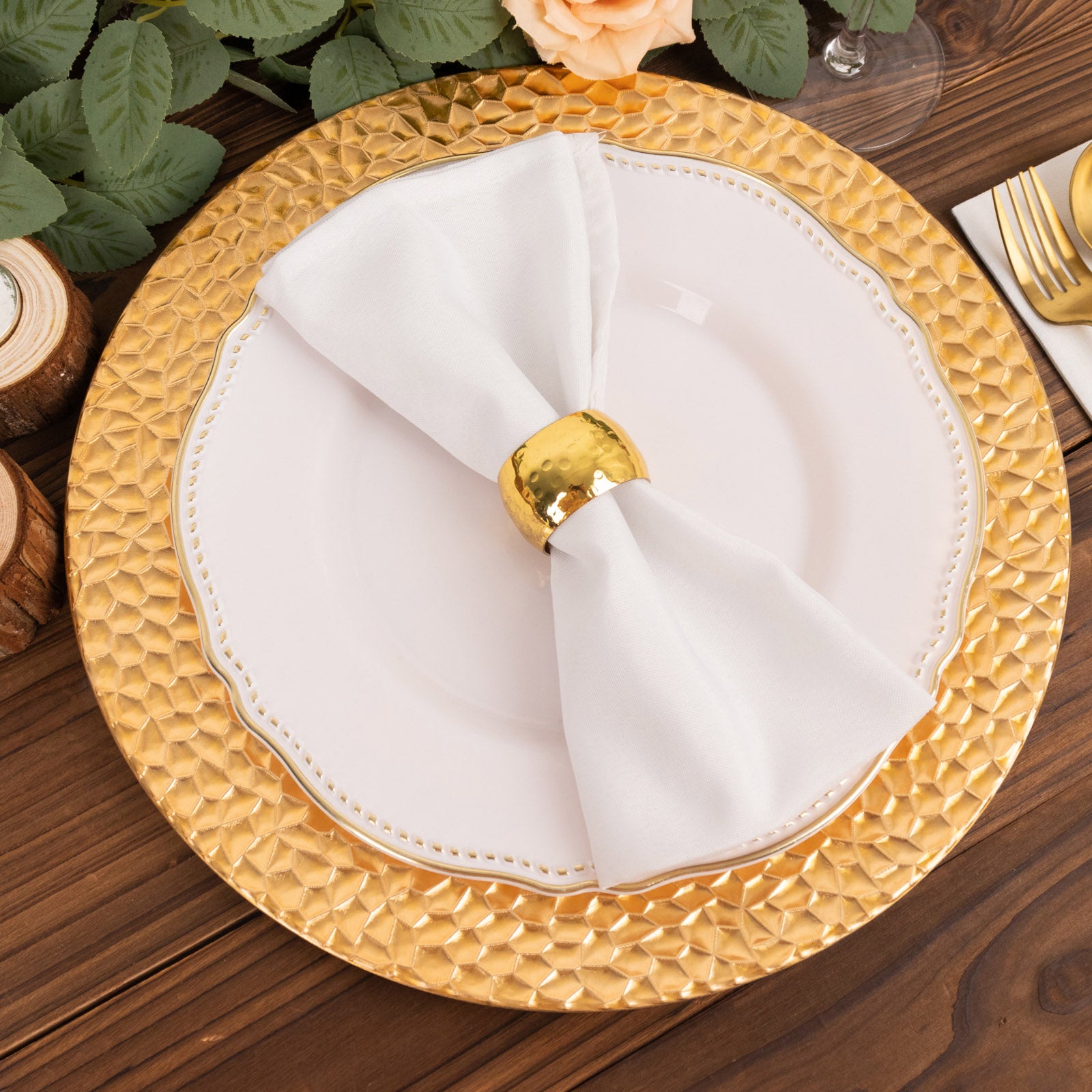 Metallic gold acrylic dinner serving plates with hammered rim, 13" round.