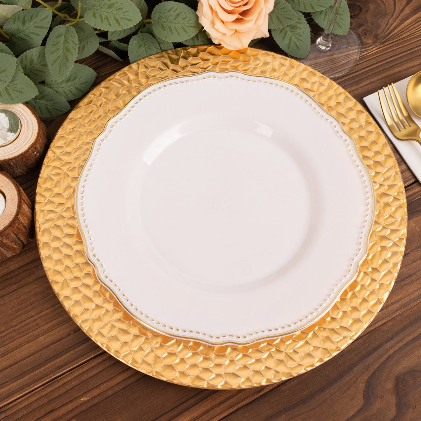 Metallic gold acrylic dinner plates with hammered rim, 13" round.