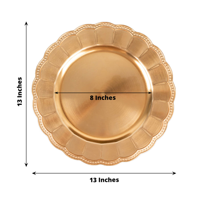 6 Pack Metallic Gold Disposable Sunflower Charger Plates With Scalloped Rim, Elegant Acrylic Plastic Beaded Serving Plates - 13" Round