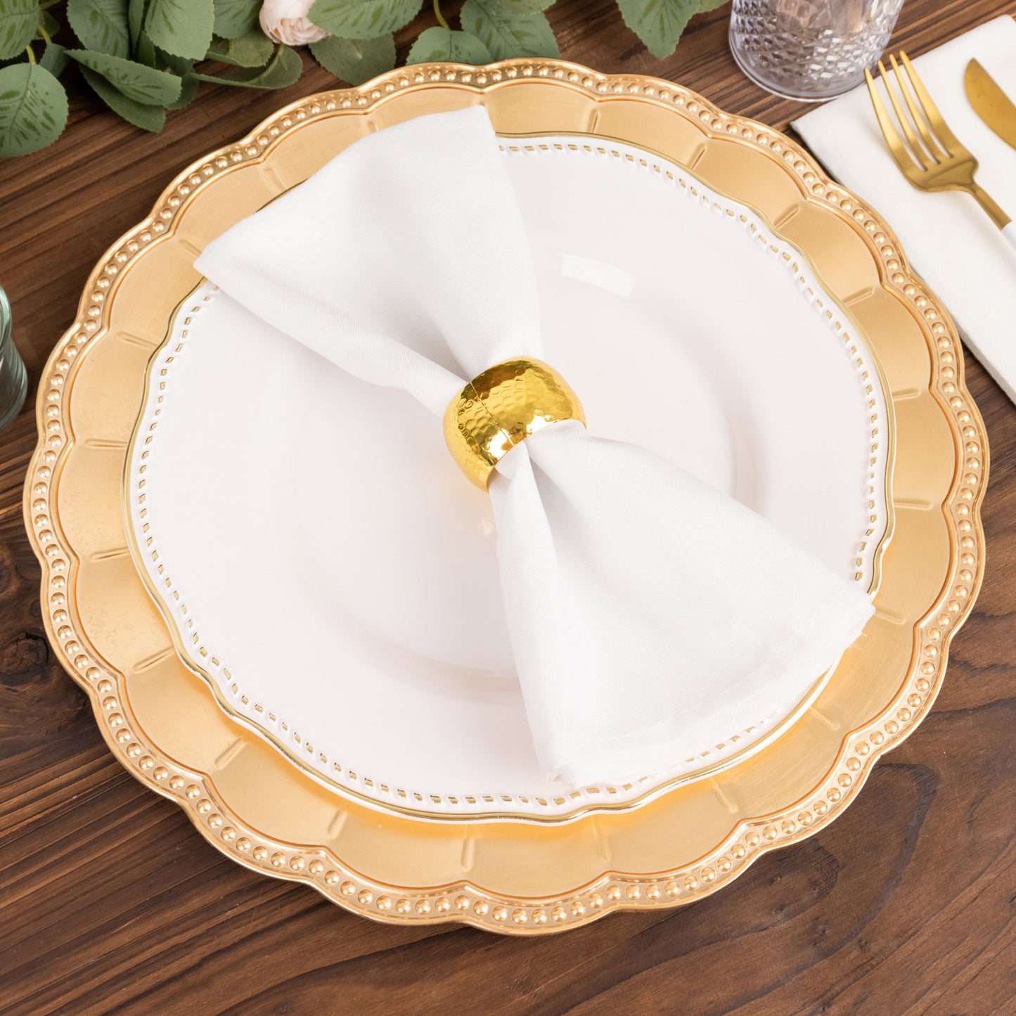 6 Pack Metallic Gold Disposable Sunflower Charger Plates With Scalloped Rim, Elegant Acrylic Plastic Beaded Serving Plates - 13" Round