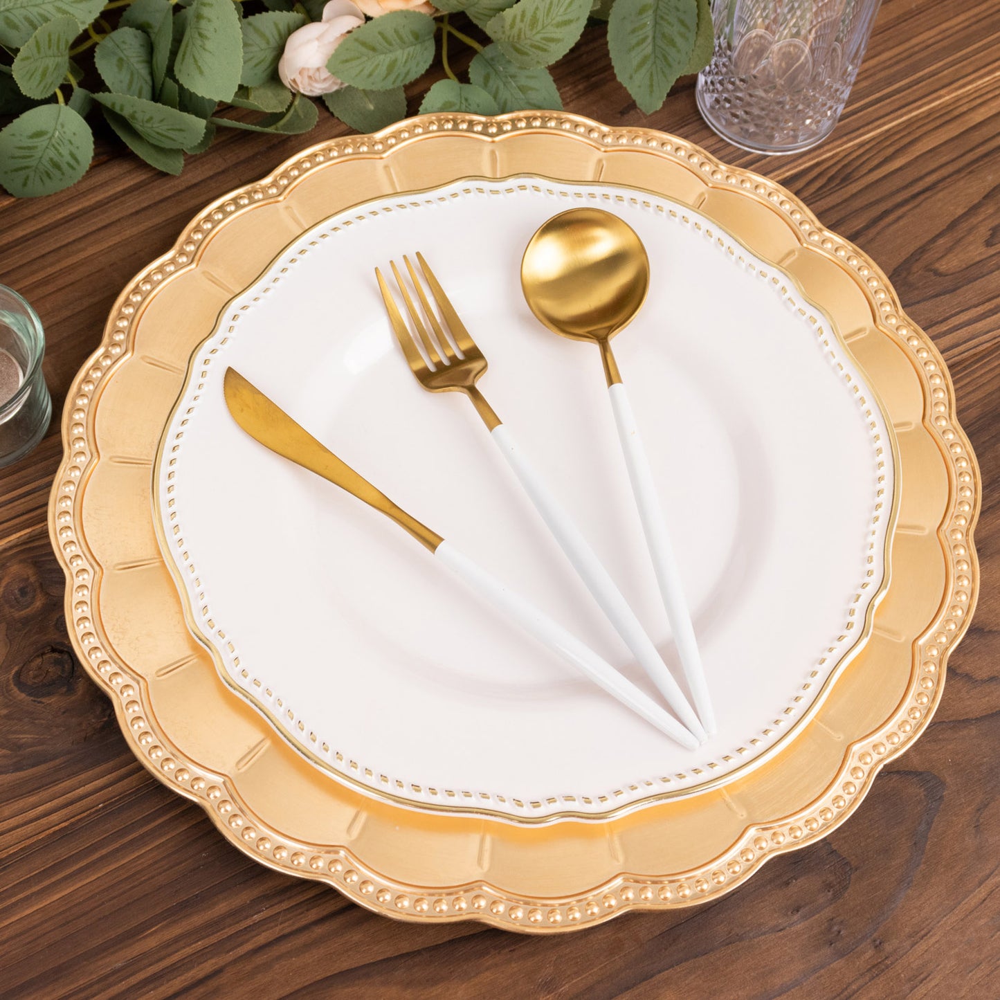 6 Pack Metallic Gold Disposable Sunflower Charger Plates With Scalloped Rim, Elegant Acrylic Plastic Beaded Serving Plates - 13" Round