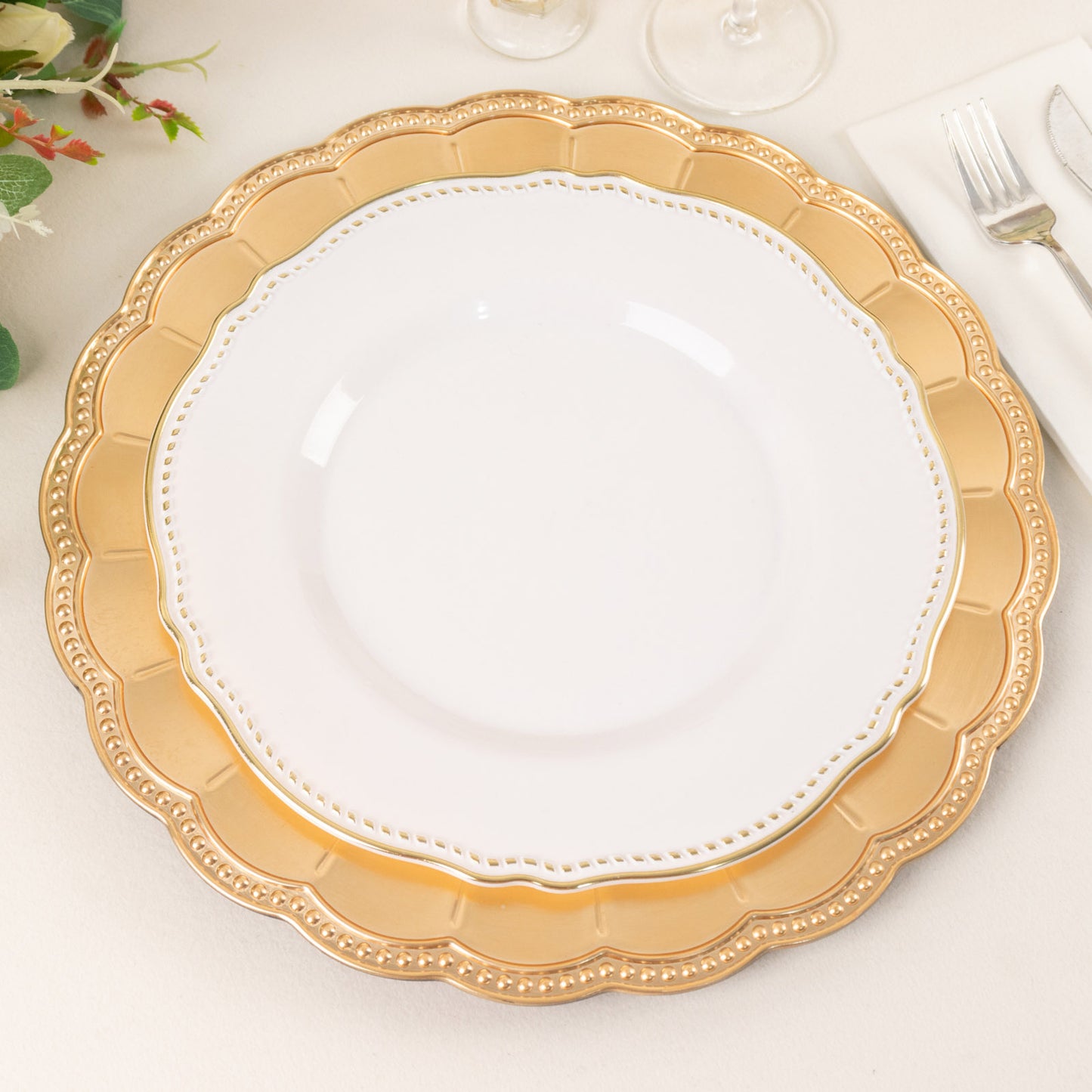 6 Pack Metallic Gold Disposable Sunflower Charger Plates With Scalloped Rim, Elegant Acrylic Plastic Beaded Serving Plates - 13" Round