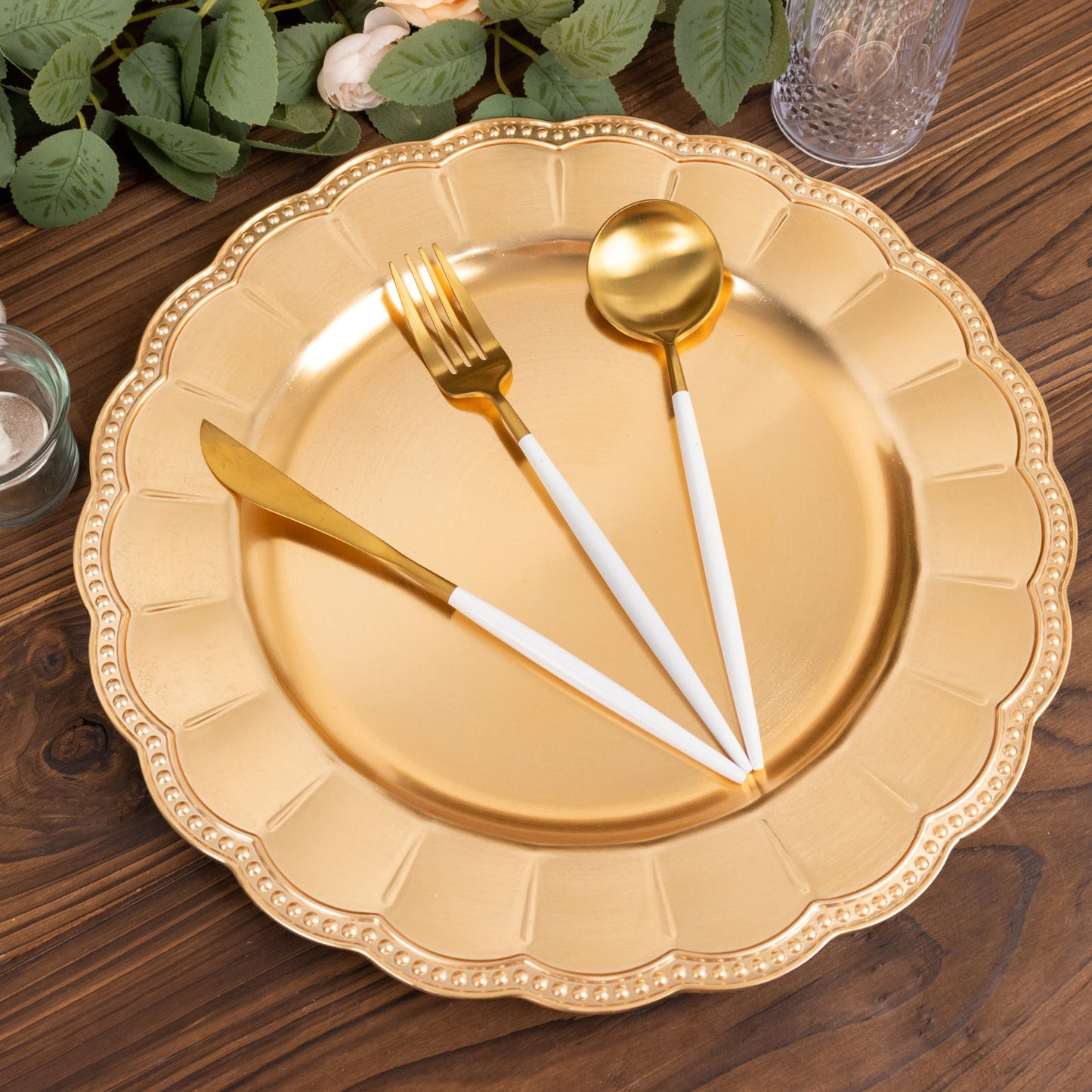 6 Pack Metallic Gold Disposable Sunflower Charger Plates With Scalloped Rim, Elegant Acrylic Plastic Beaded Serving Plates - 13" Round