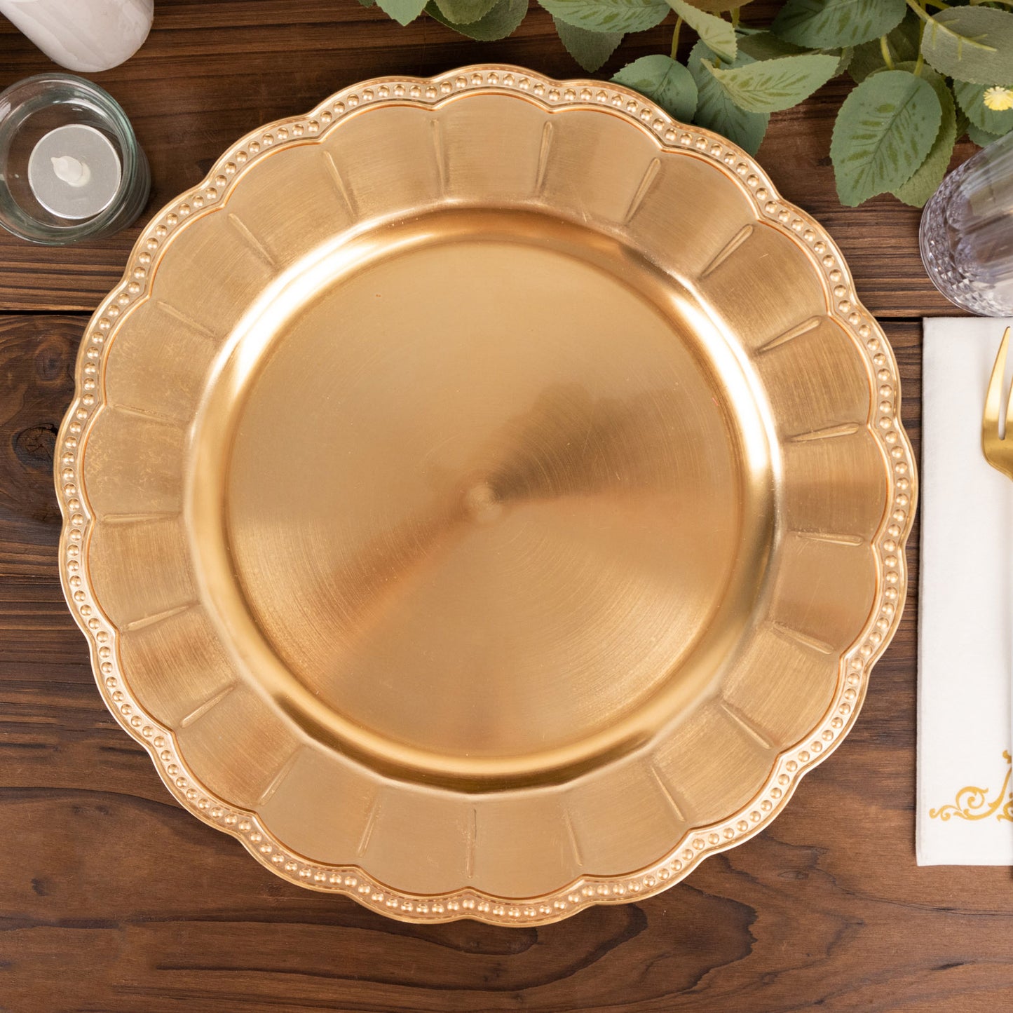 6 Pack Metallic Gold Disposable Sunflower Charger Plates With Scalloped Rim, Elegant Acrylic Plastic Beaded Serving Plates - 13" Round