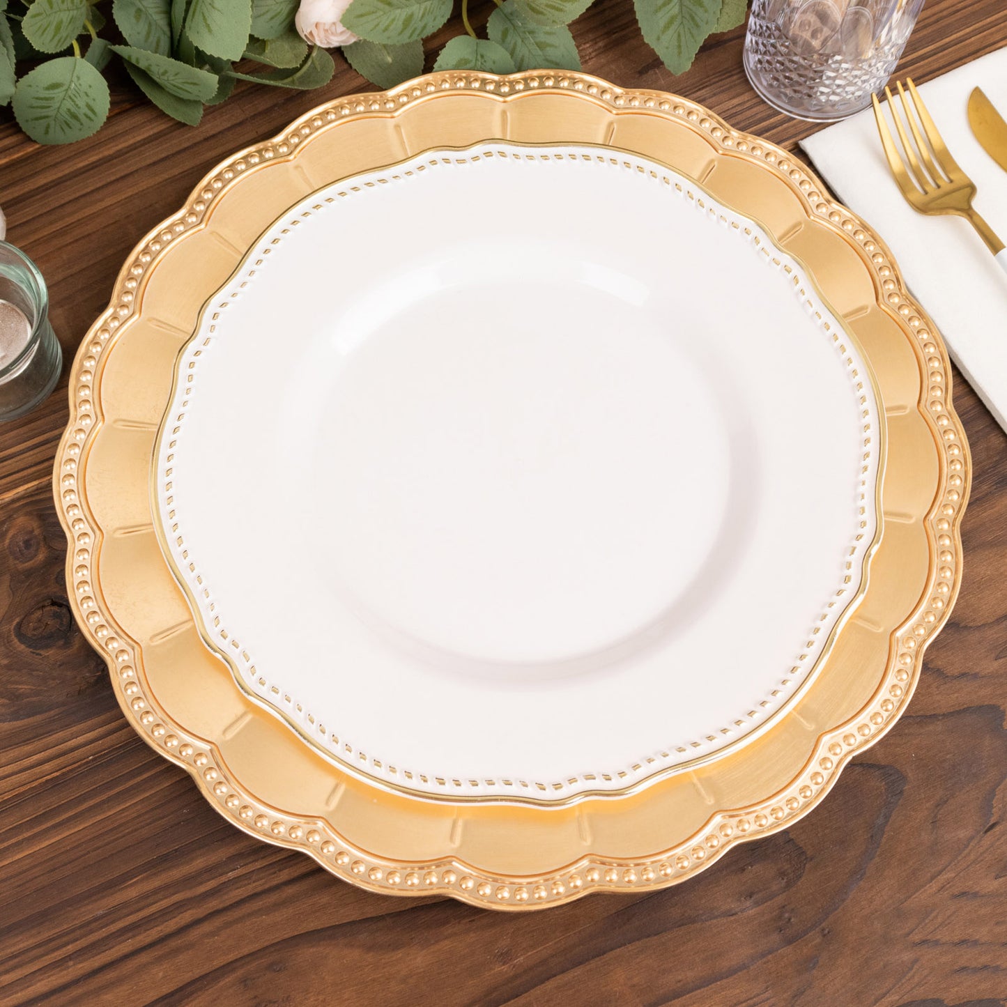 6 Pack Metallic Gold Disposable Sunflower Charger Plates With Scalloped Rim, Elegant Acrylic Plastic Beaded Serving Plates - 13" Round