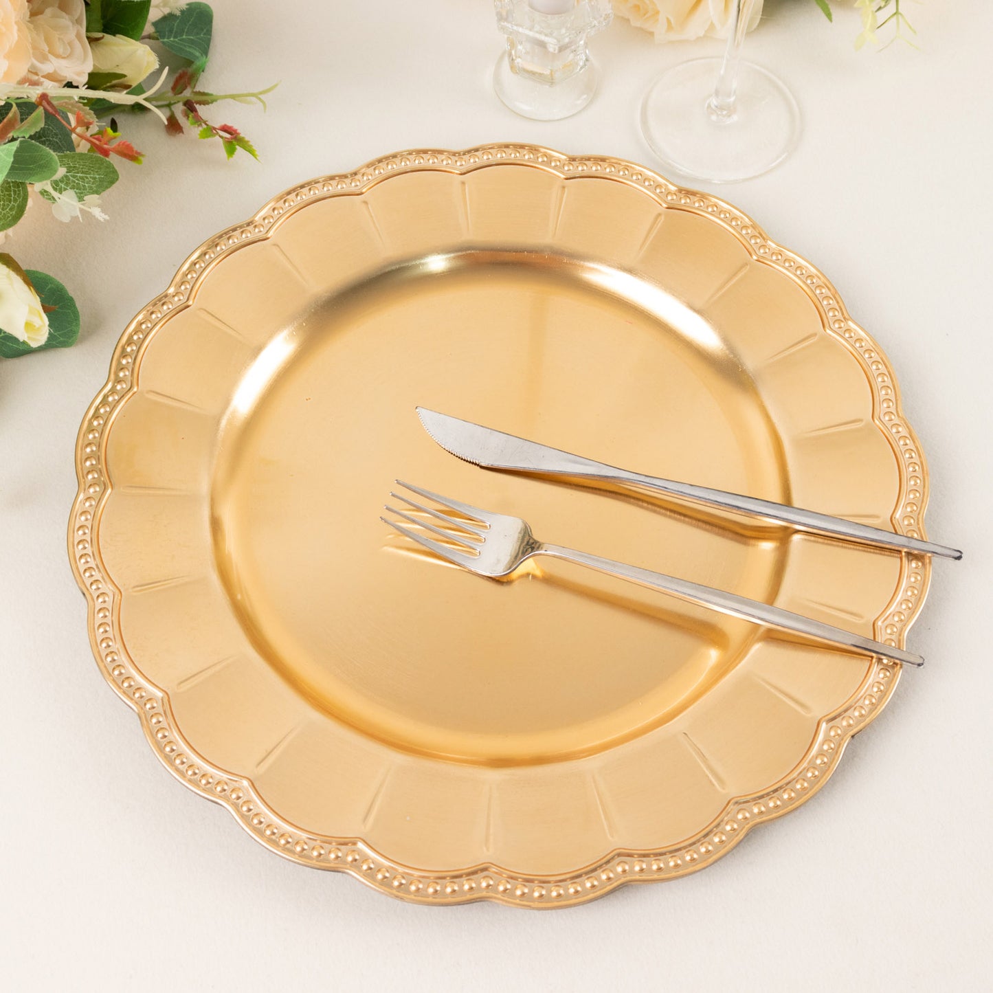 6 Pack Metallic Gold Disposable Sunflower Charger Plates With Scalloped Rim, Elegant Acrylic Plastic Beaded Serving Plates - 13" Round