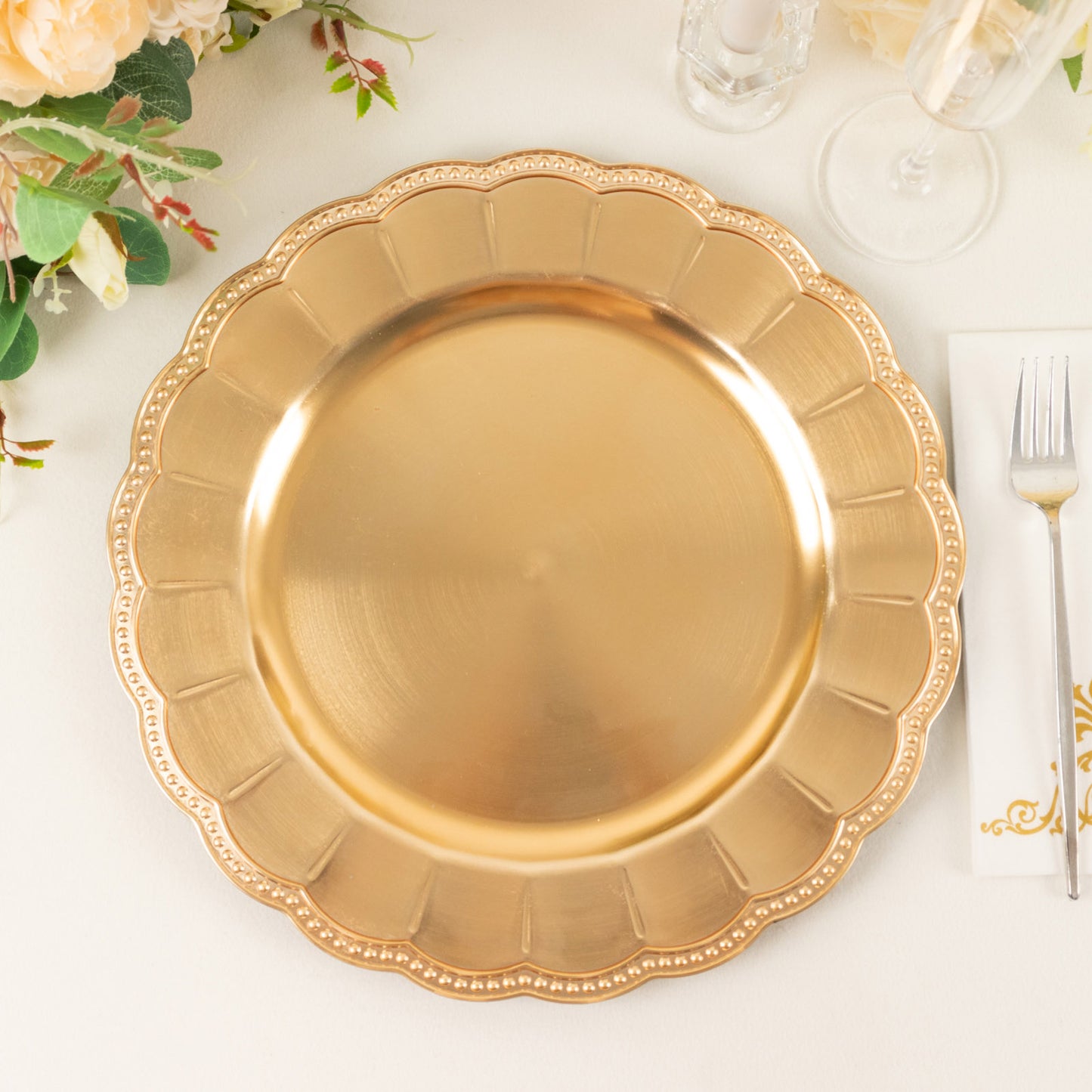 6 Pack Metallic Gold Disposable Sunflower Charger Plates With Scalloped Rim, Elegant Acrylic Plastic Beaded Serving Plates - 13" Round