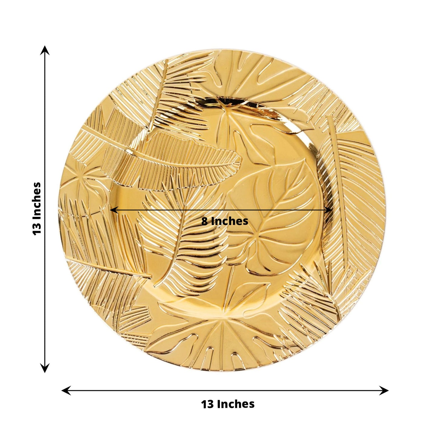 Metallic gold decorative charger plate with embossed tropical leaves, 13 inches round.