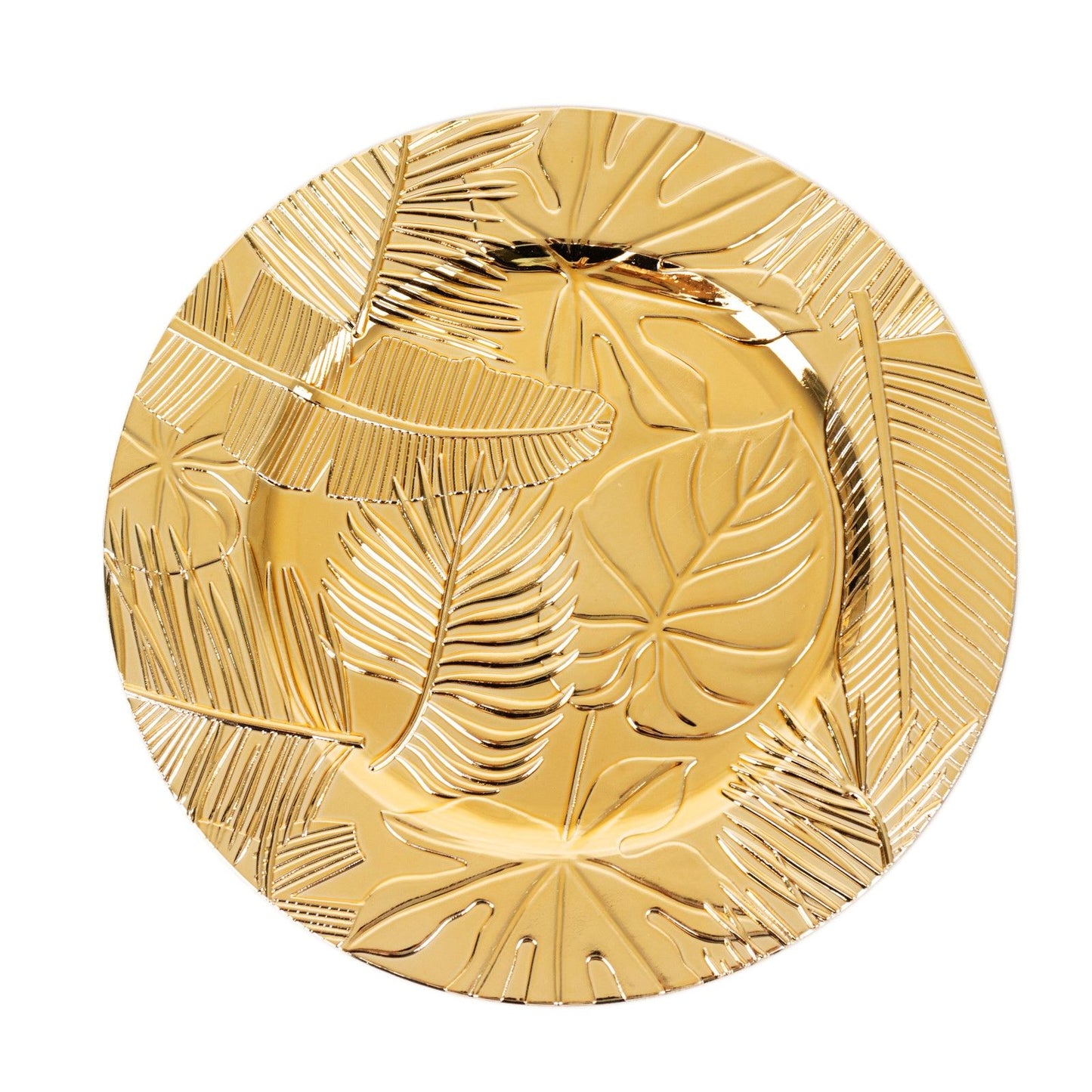Metallic gold acrylic charger plate with embossed tropical leaves design.