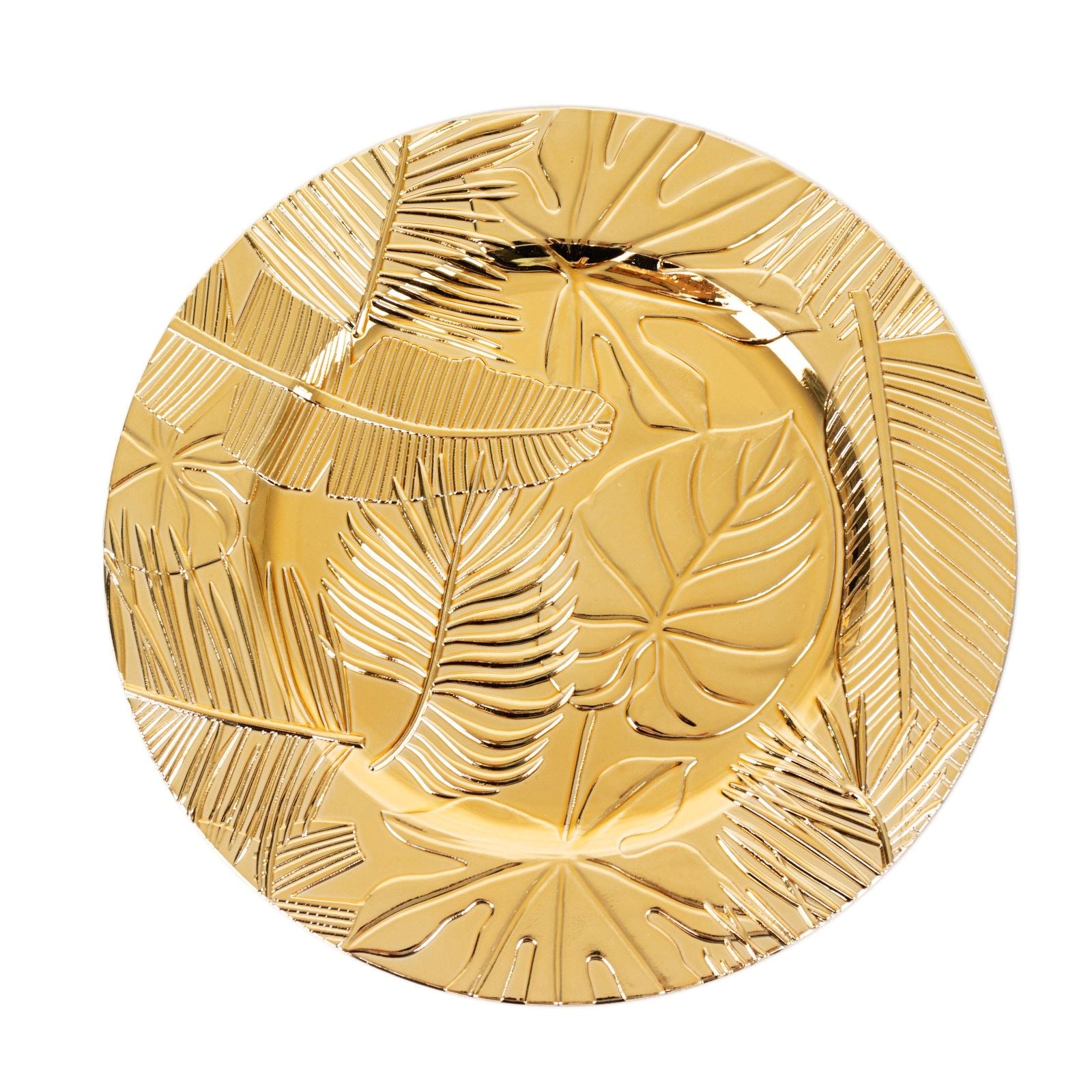 Metallic gold acrylic charger plate with embossed tropical leaves design.