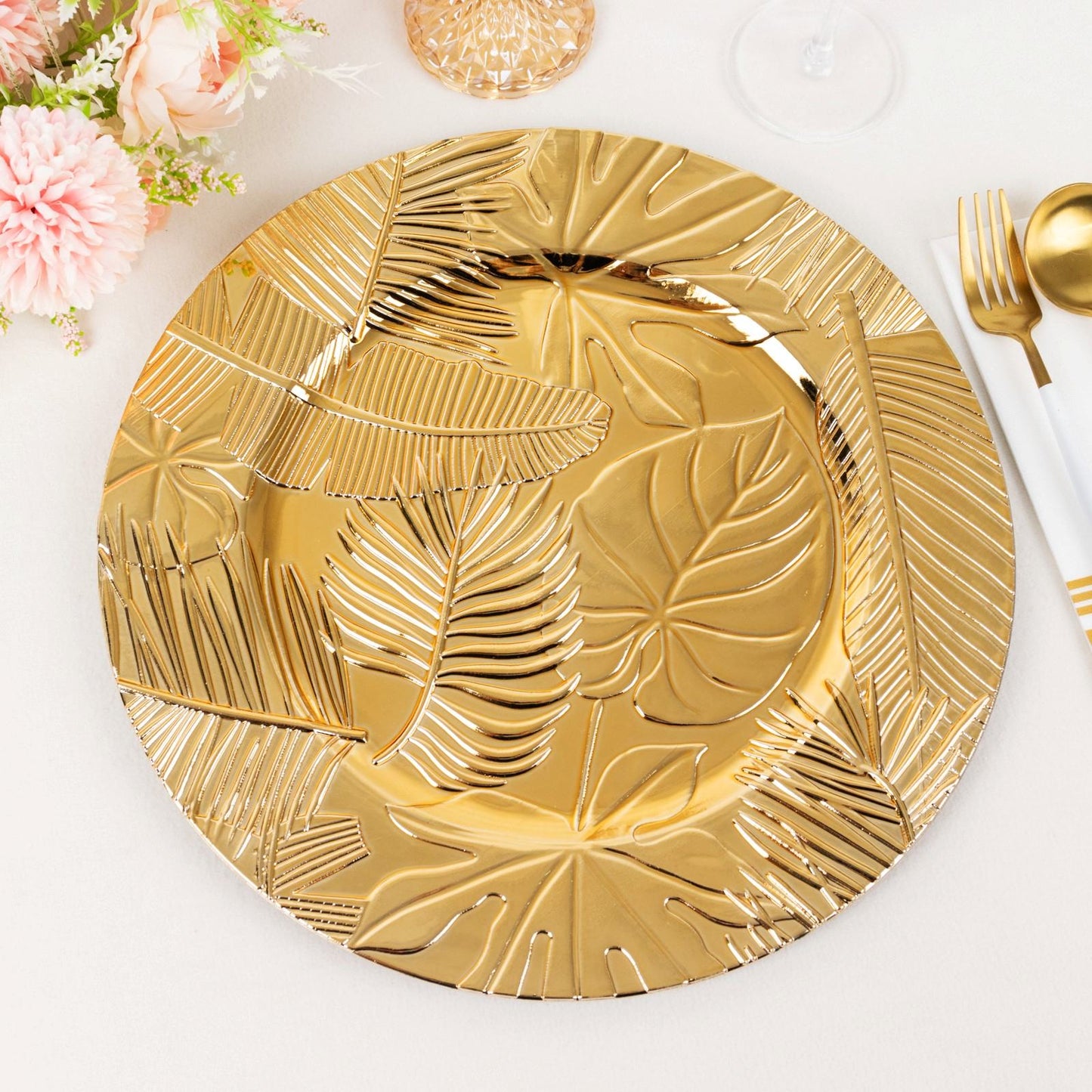 Metallic gold embossed tropical leaves charger plate, 13" round decorative dinner plate.