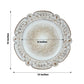 Antique white round acrylic charger plate with floral embossed scalloped rim.