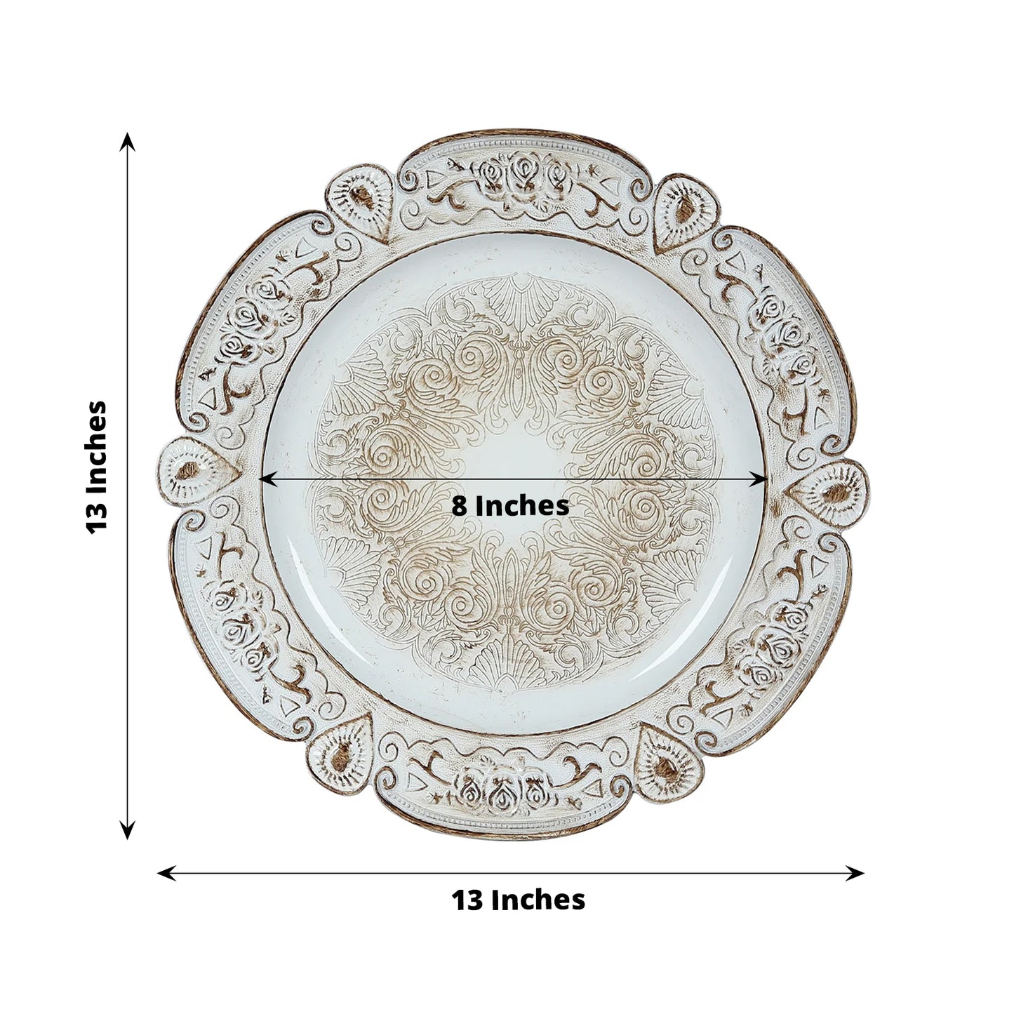 Antique white round acrylic charger plate with floral embossed scalloped rim.
