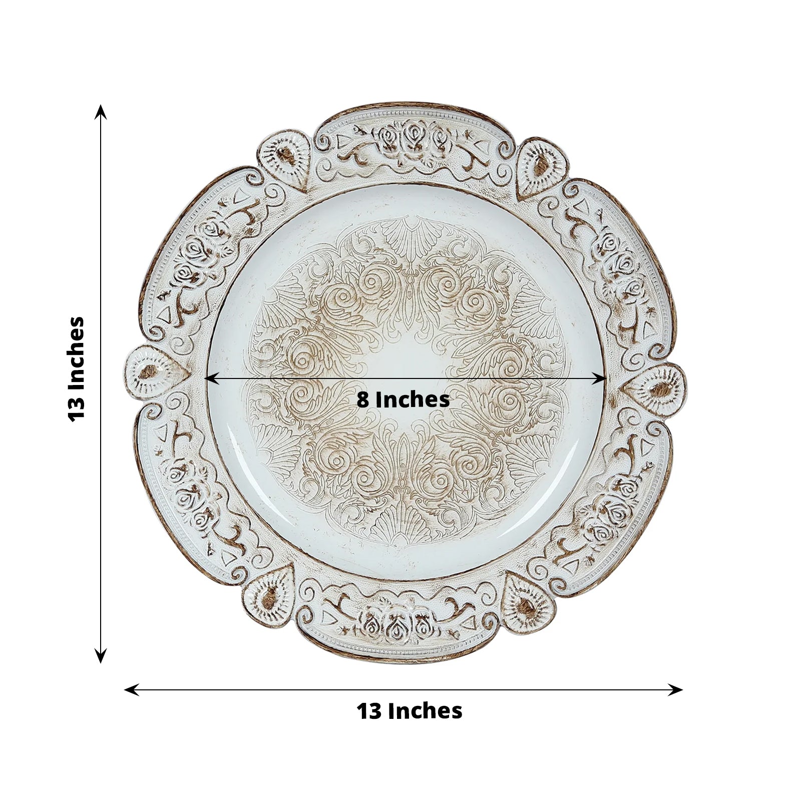 Antique white round acrylic charger plate with floral embossed scalloped rim.
