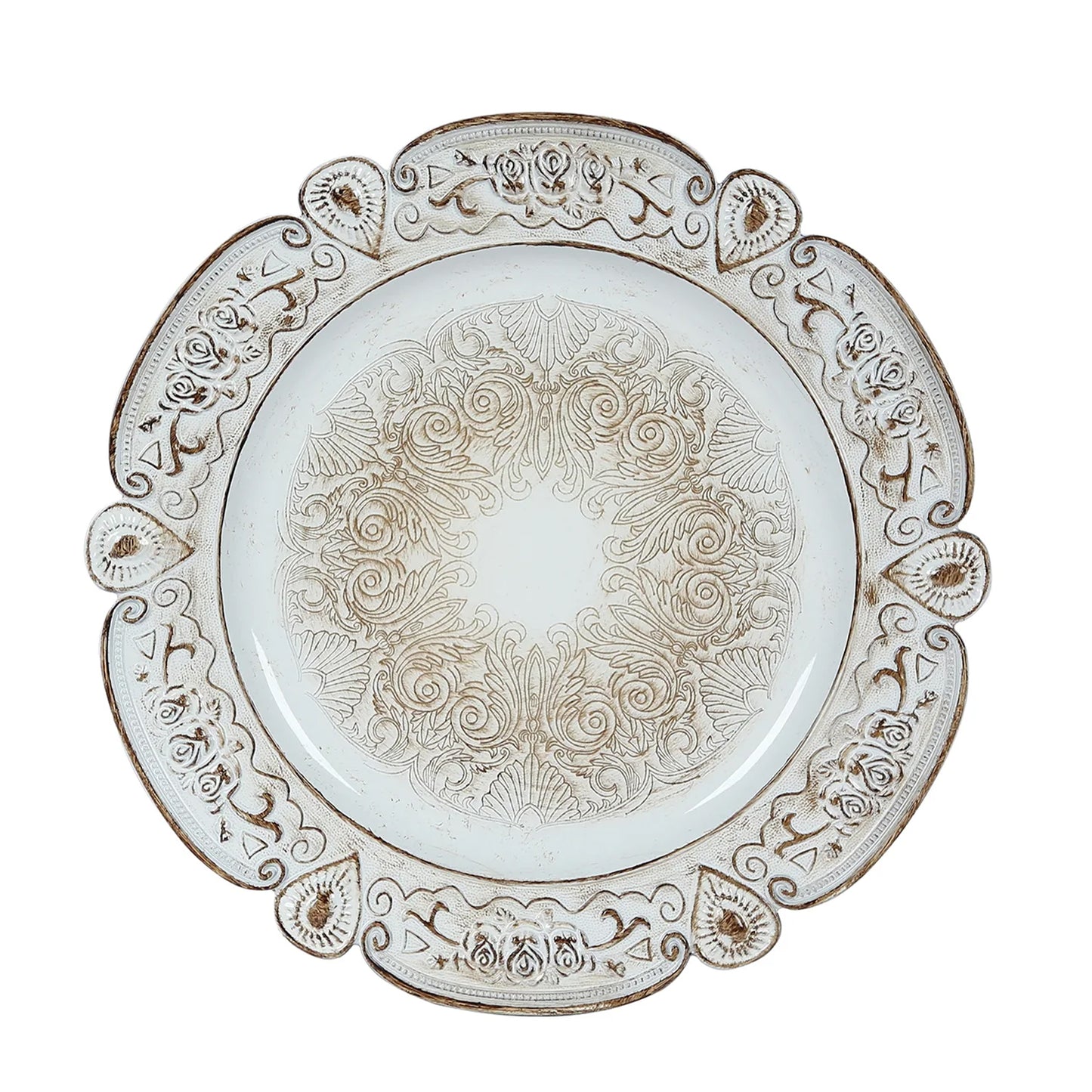 Antique white round acrylic charger plate with floral embossed scalloped rim.