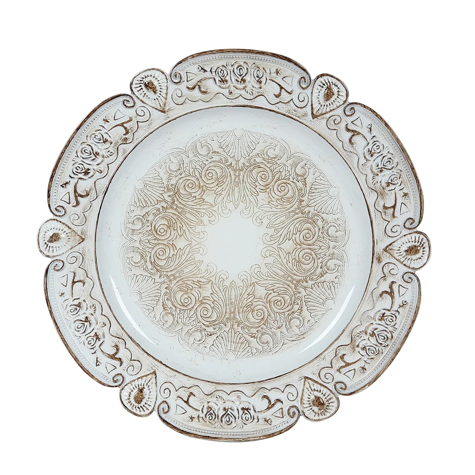 Antique white round acrylic charger plate with floral embossed scalloped rim.