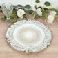 Antique white round acrylic charger plate with floral embossed rim.