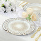 Antique white round acrylic charger plates with floral embossed rim.