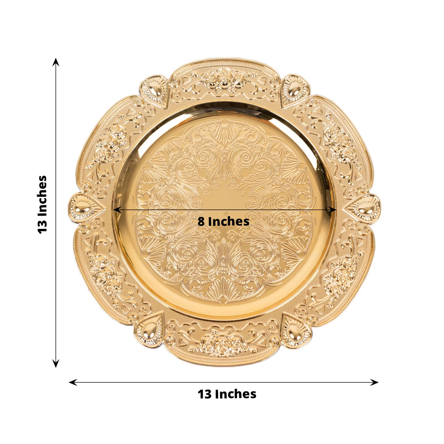 Gold round acrylic charger plate with floral embossed scalloped rim, 13 inches.