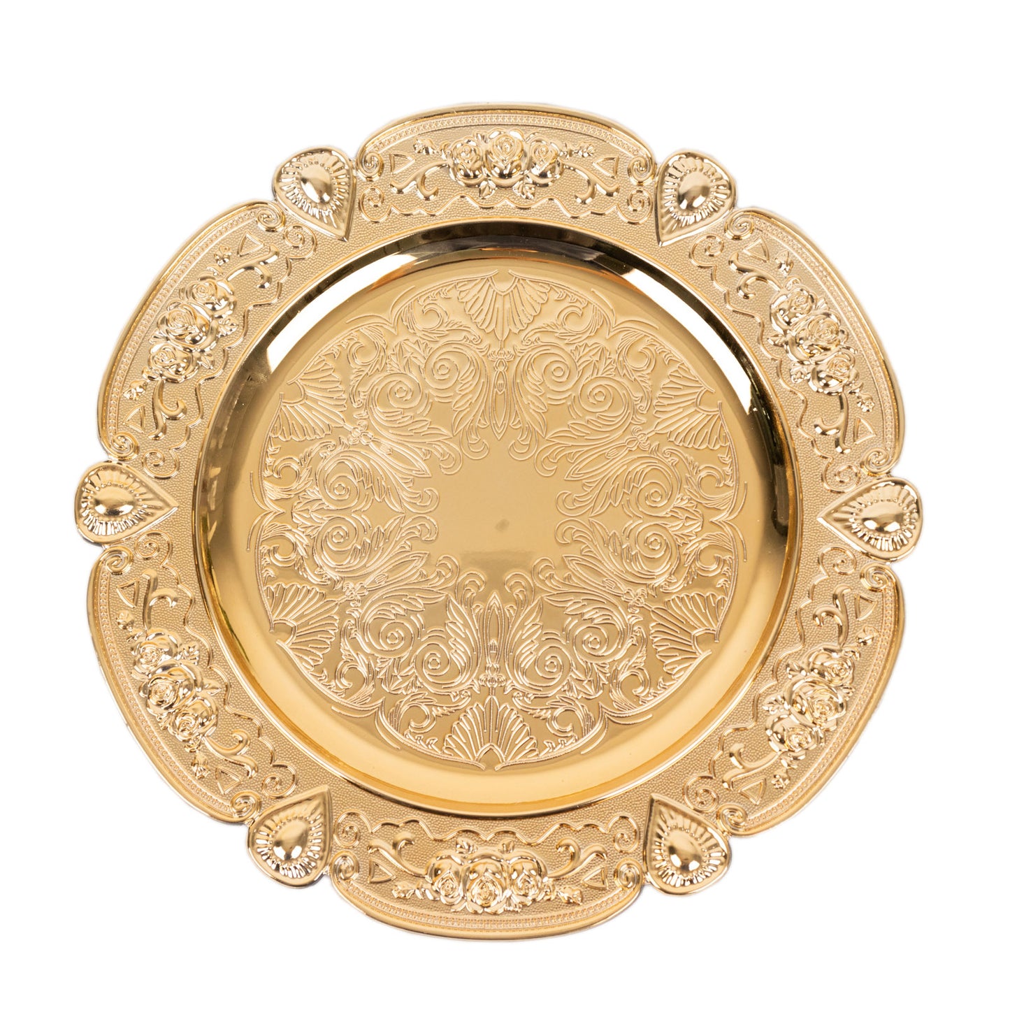 Gold round acrylic charger plate with floral embossed scalloped rim.