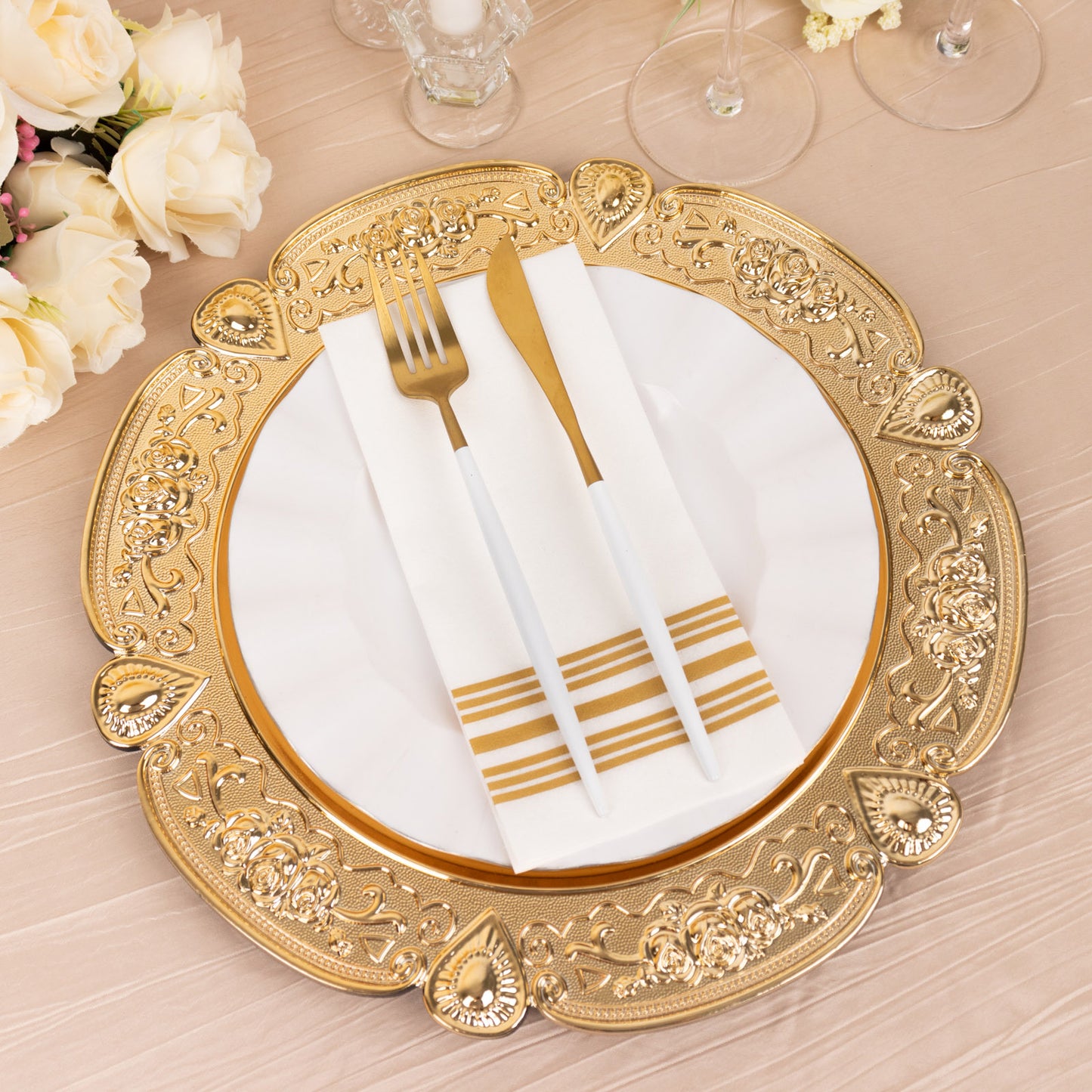 Gold round acrylic charger plate with floral embossed scalloped rim.