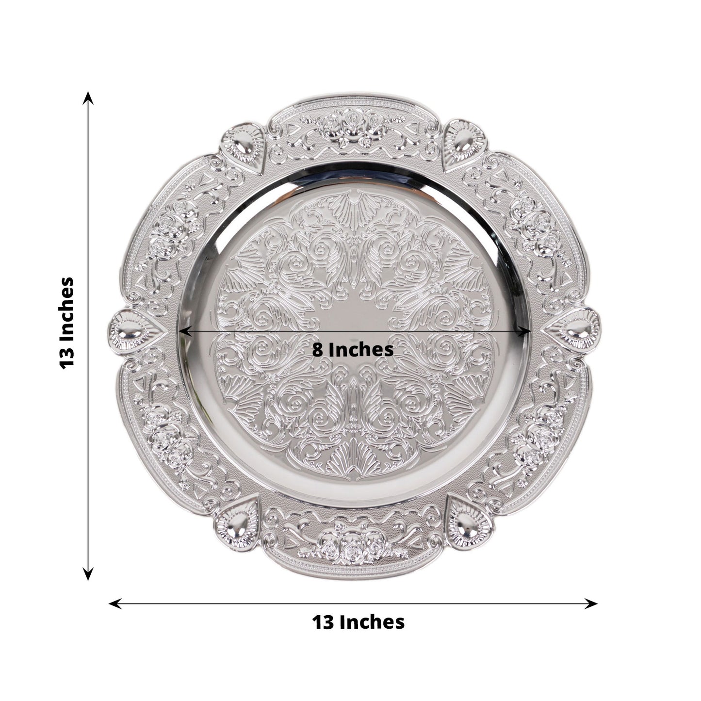 Silver round acrylic charger plate with floral embossed scalloped rim, 13 inches.