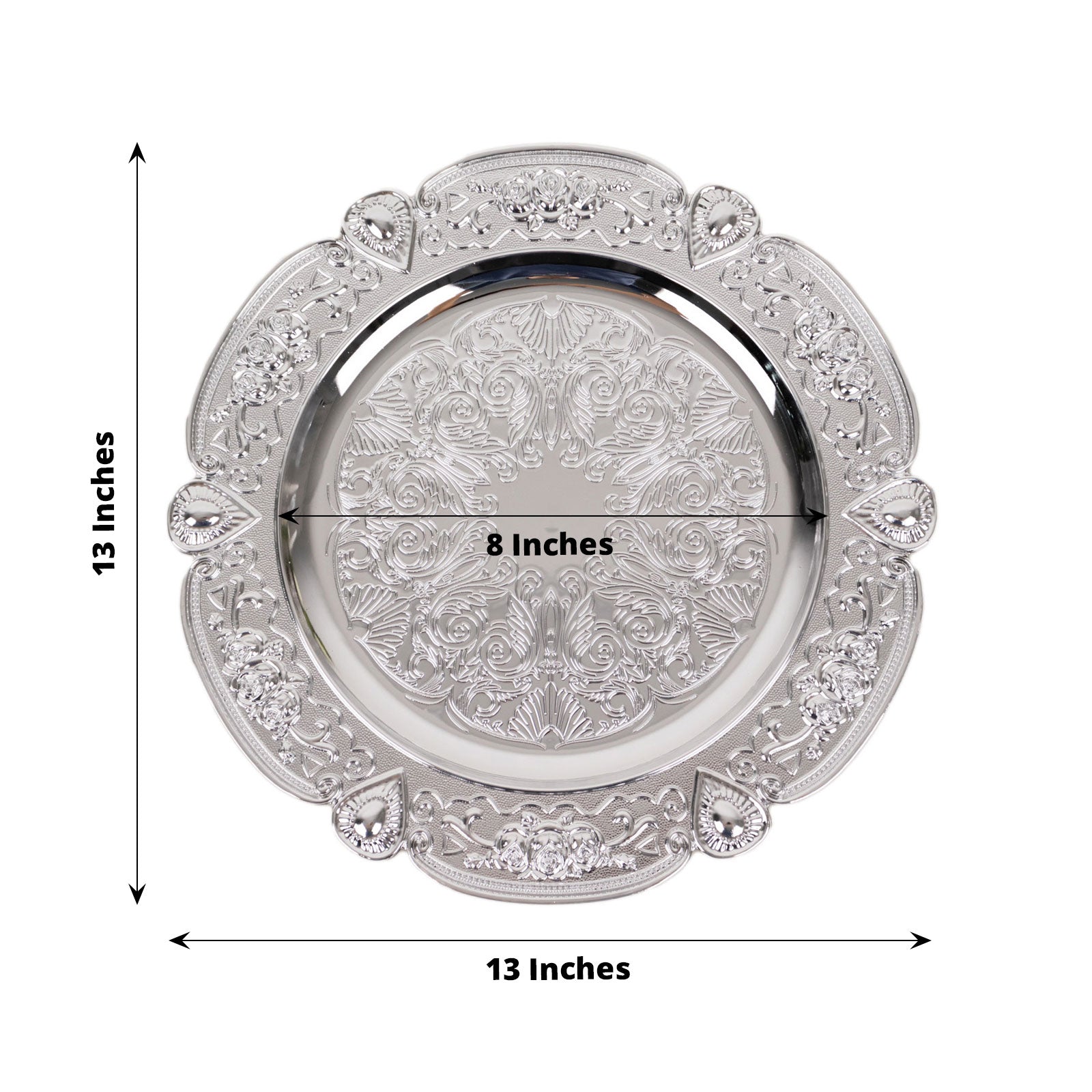 Silver round acrylic charger plate with floral embossed scalloped rim, 13 inches.