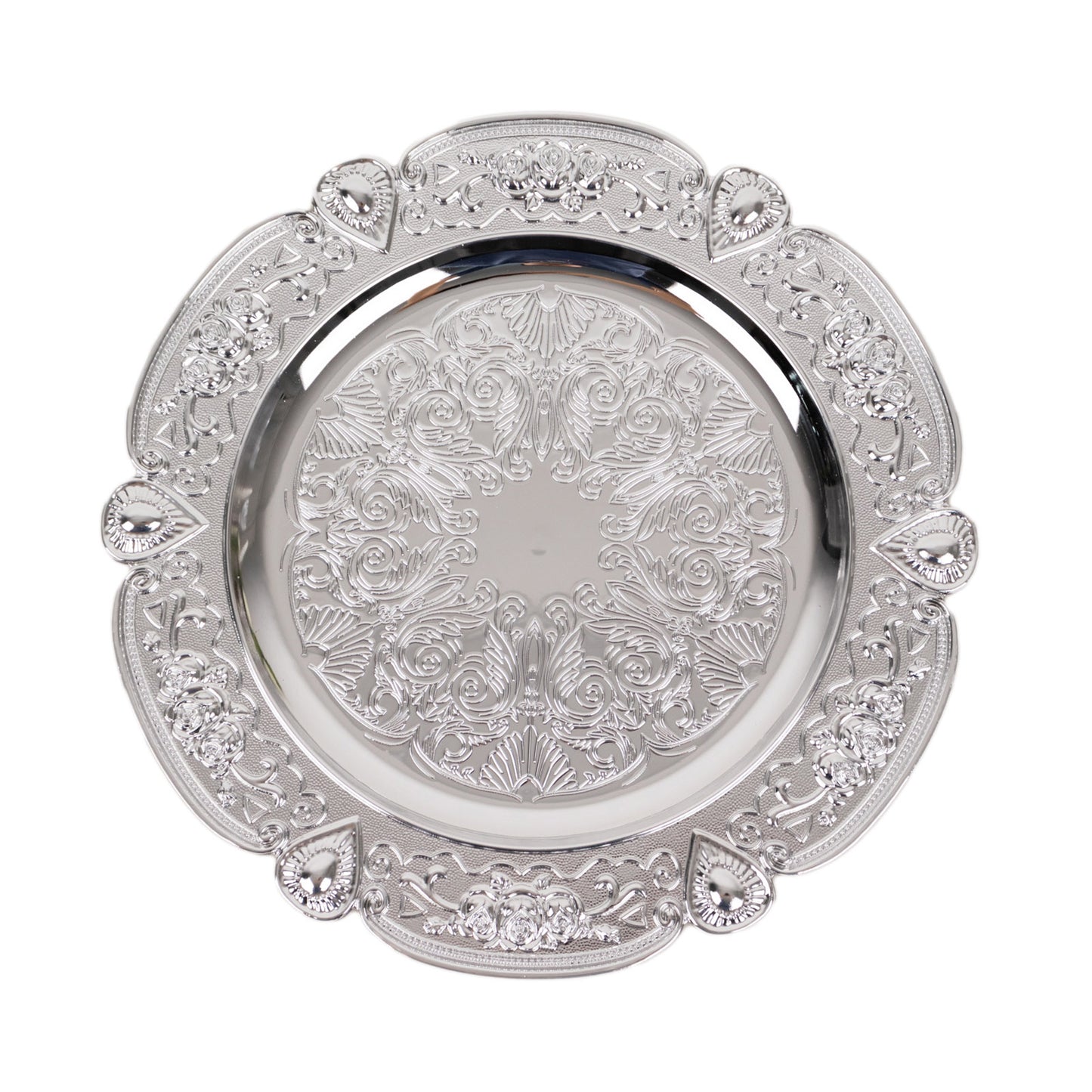 Silver round acrylic charger plate with floral embossed scalloped rim.