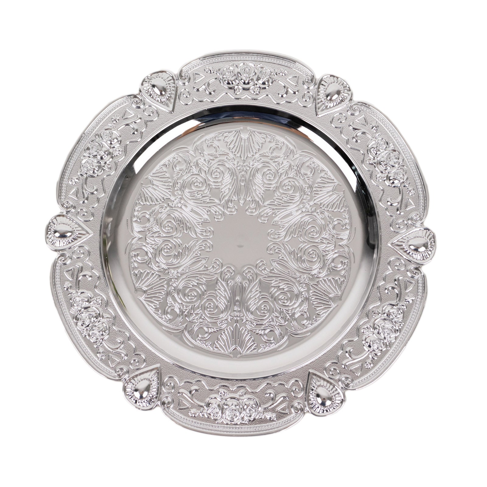 Silver round acrylic charger plate with floral embossed scalloped rim.