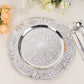 Silver round acrylic charger plate with floral embossed scalloped rim.