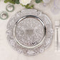 Silver round acrylic charger plate with floral embossed scalloped rim.
