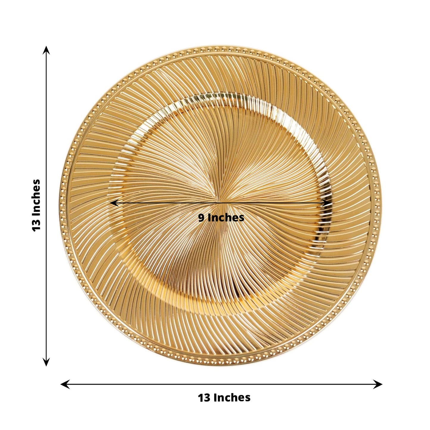 Metallic gold swirl pattern round acrylic charger plate, 13 inches, decorative serving.