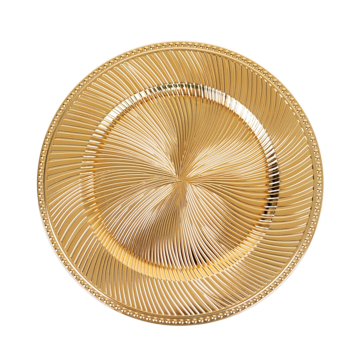 Metallic gold swirl pattern acrylic charger plate with beaded rim.