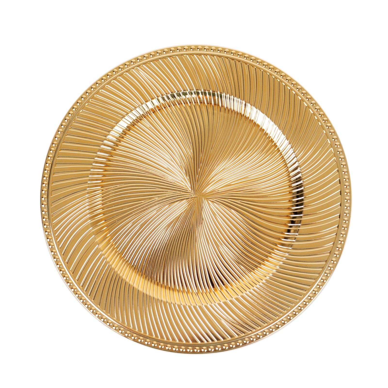 Metallic gold swirl pattern acrylic charger plate with beaded rim.