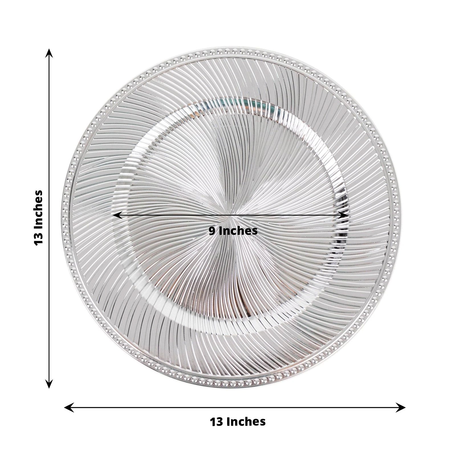 Metallic silver swirl pattern round acrylic charger plate, 13 inches.