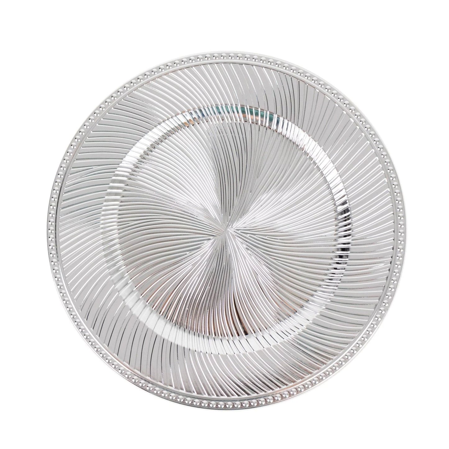 Metallic silver swirl pattern round acrylic charger plate with beaded rim.
