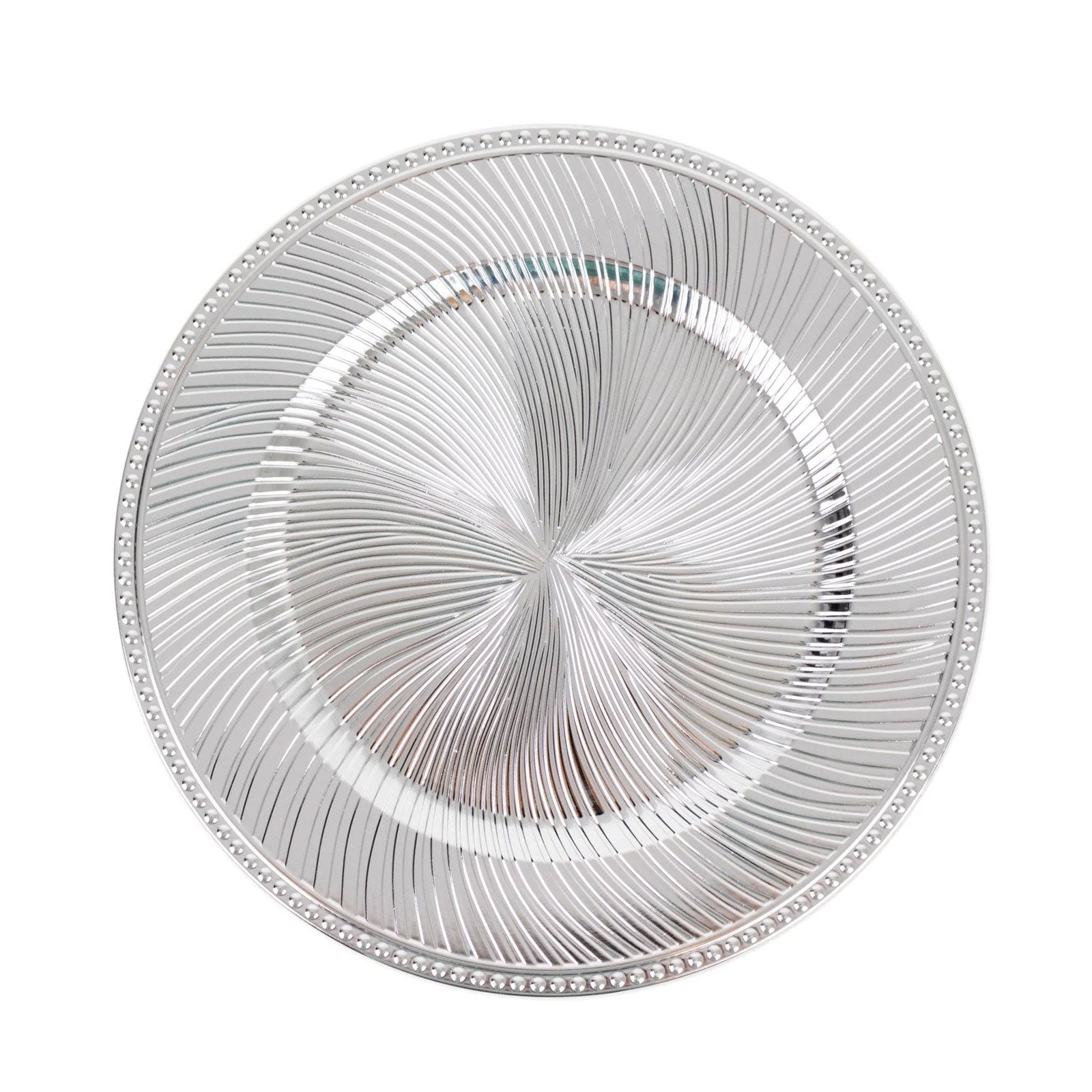 Metallic silver swirl pattern round acrylic charger plate with beaded rim.
